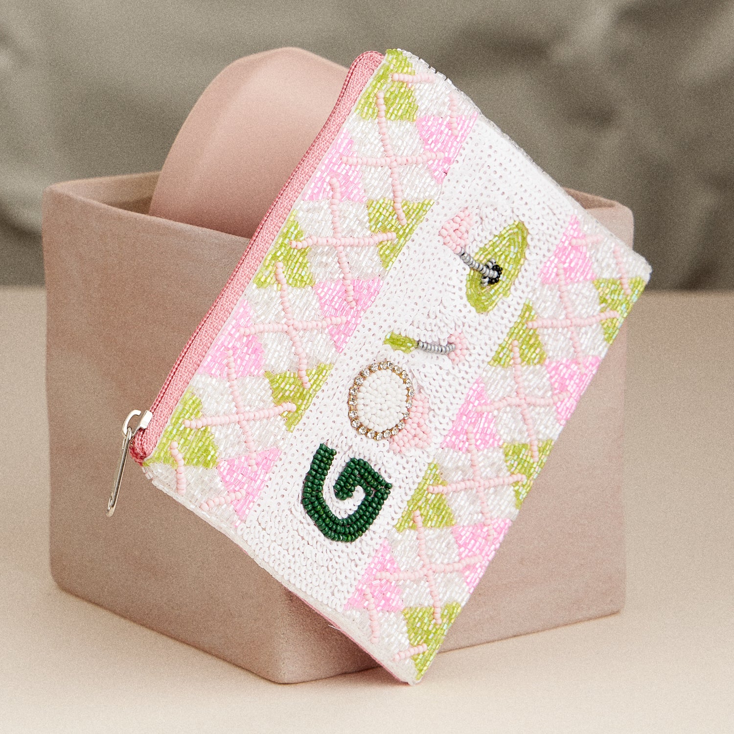 Beaded Golf Themed Zip Pouch – Argyle Pattern Clutch