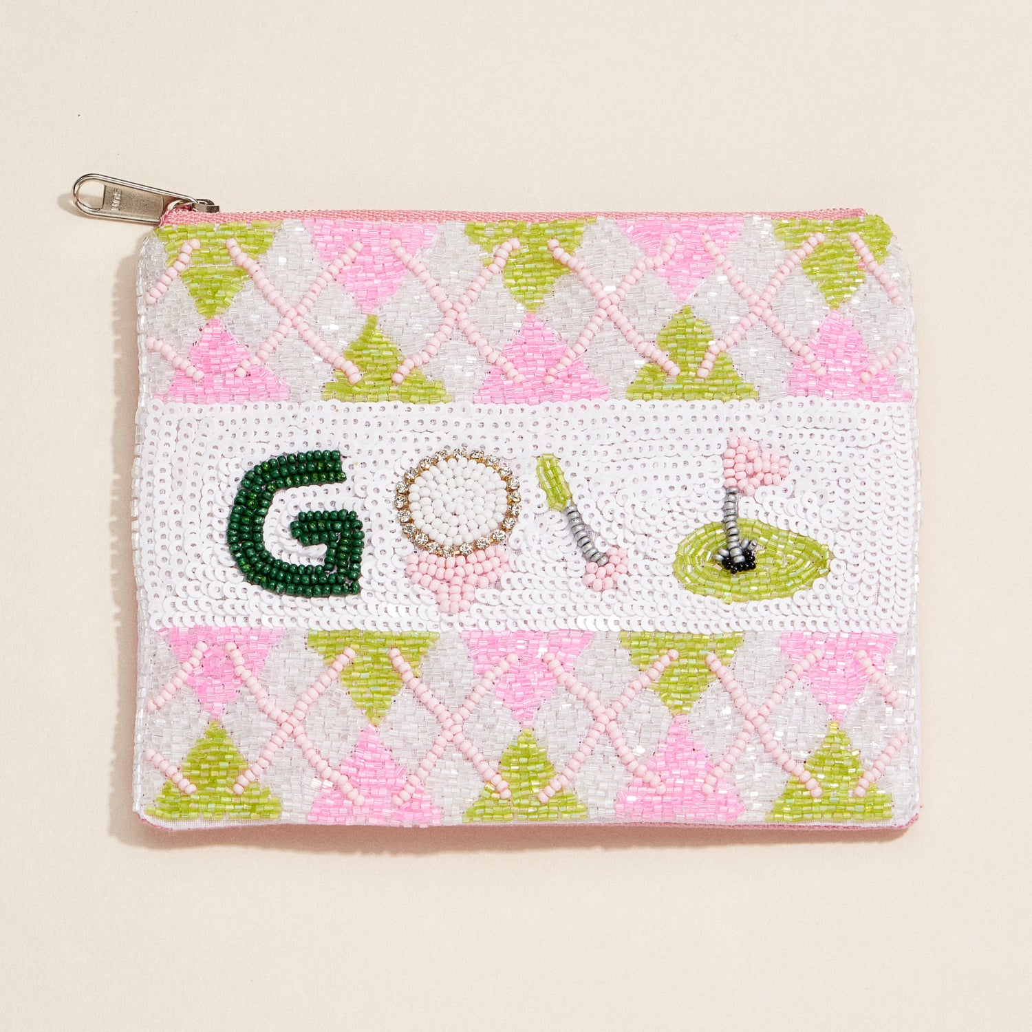 Beaded Golf Themed Zip Pouch – Argyle Pattern Clutch