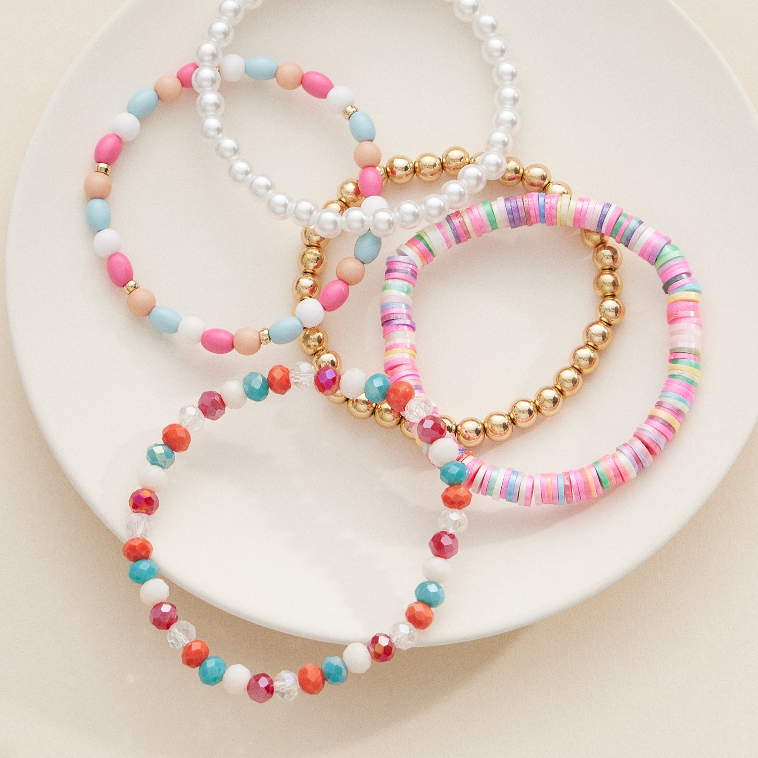 Multicolor Beaded Bracelet Sets with Gold and Pearl Details