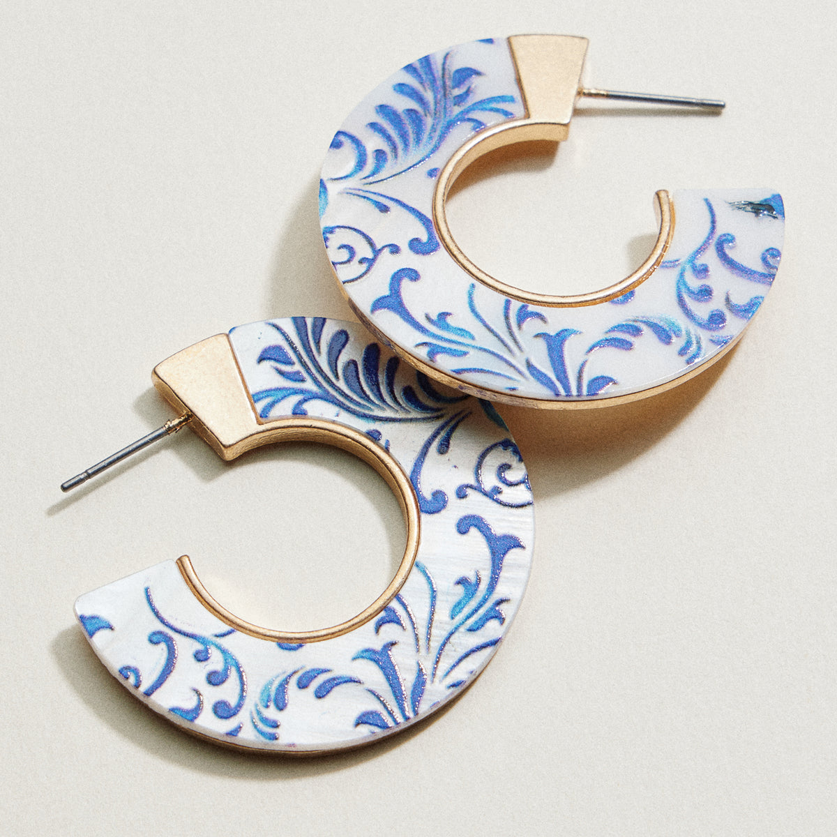Floral Print Wide Hoop Earrings | Porcelain-Inspired Jewelry
