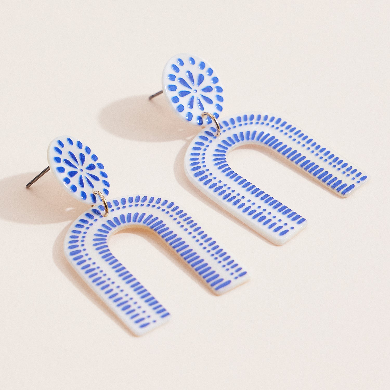Blue & White Mother of Pearl Arch Drop Earrings – Boho Geometric Style