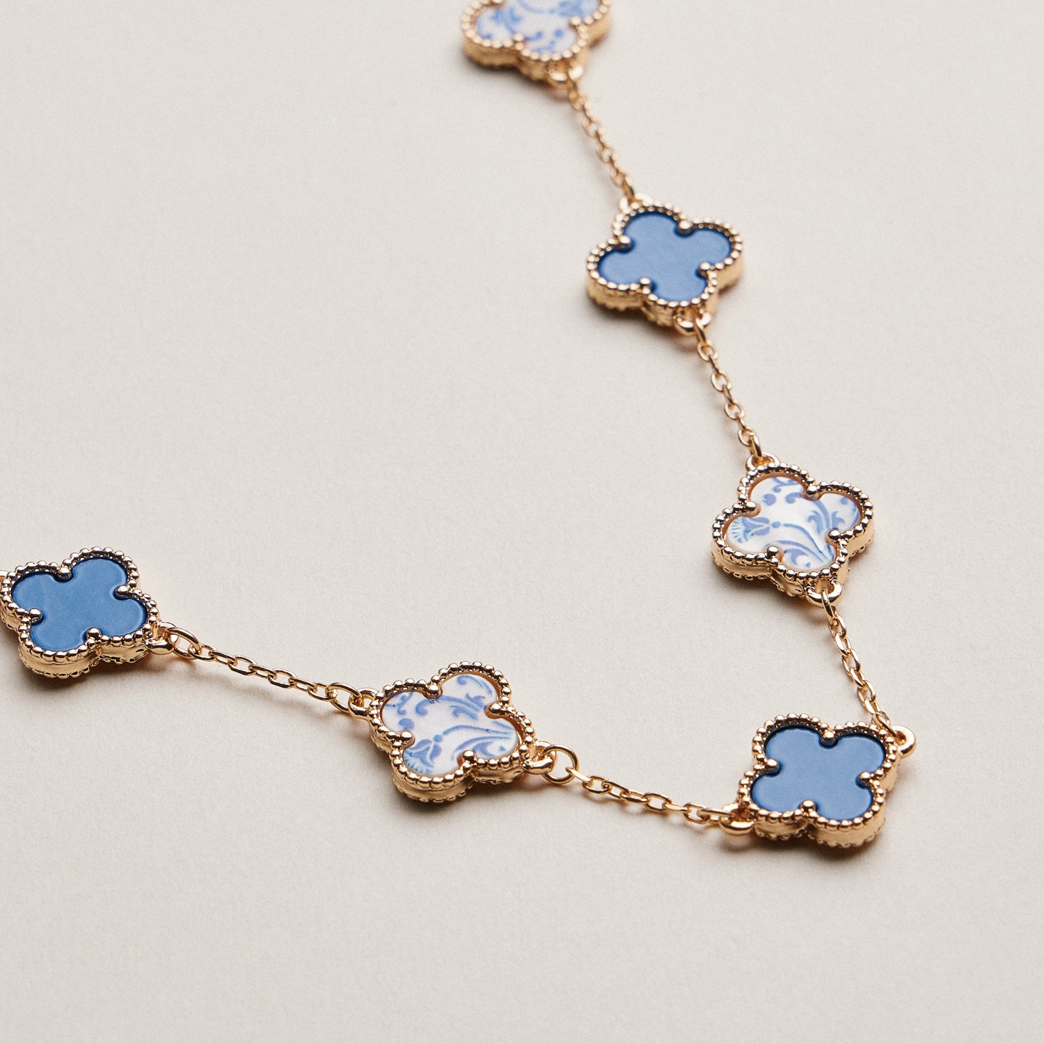 Blue Porcelain Clover Station Necklace | Floral Porcelain Metal Chain Jewelry