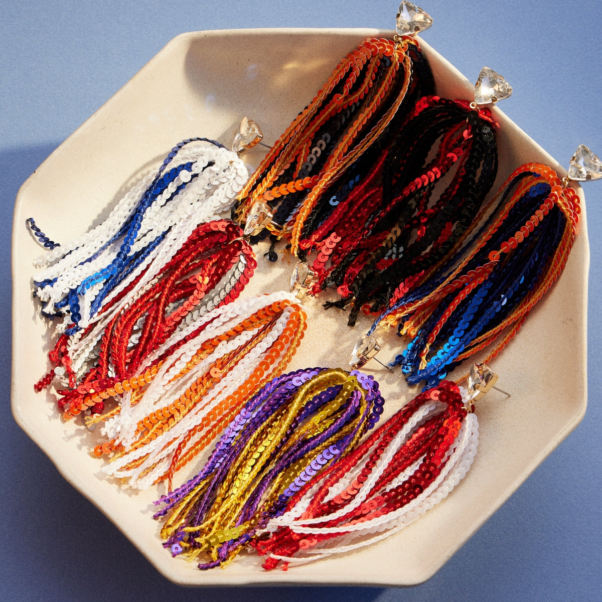 Game Day Sequined Tassel & Glass Charm Dangle Earrings - Frem