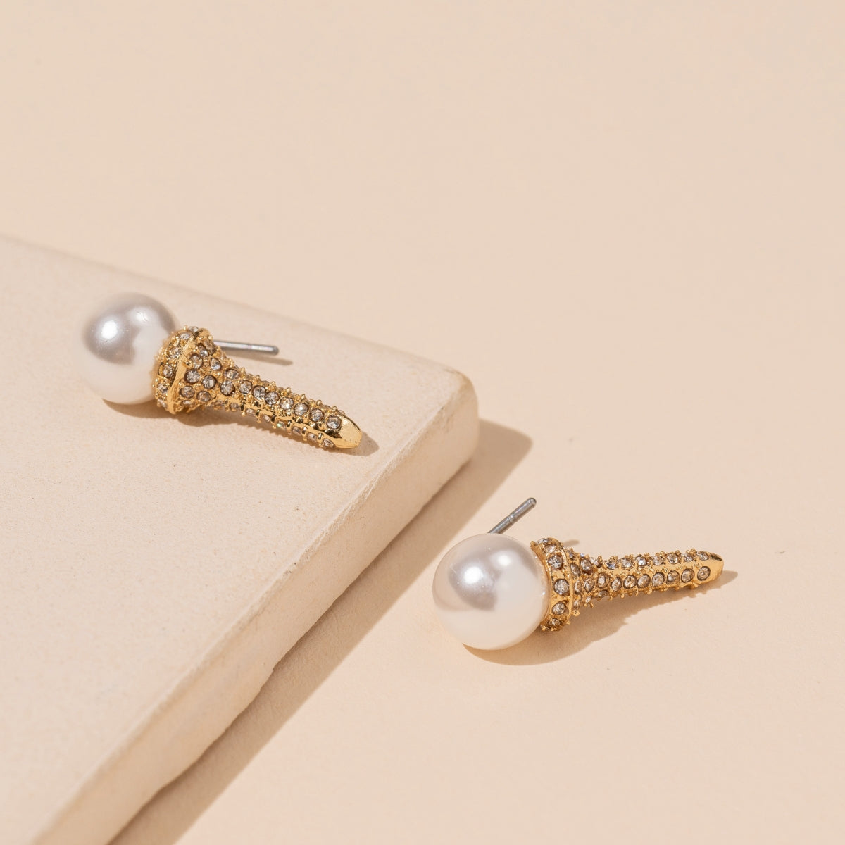 Gold Stud Earrings with Pearl Golf Tee Design