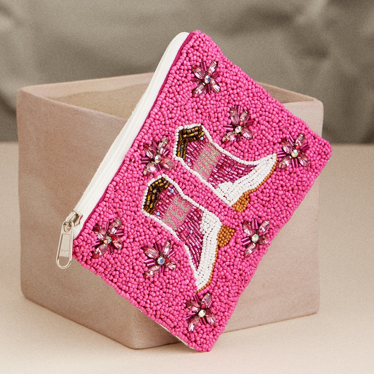 Pink Beaded "Yee Haw" Cowboy Boot Zip Pouch – Western Glam Clutch