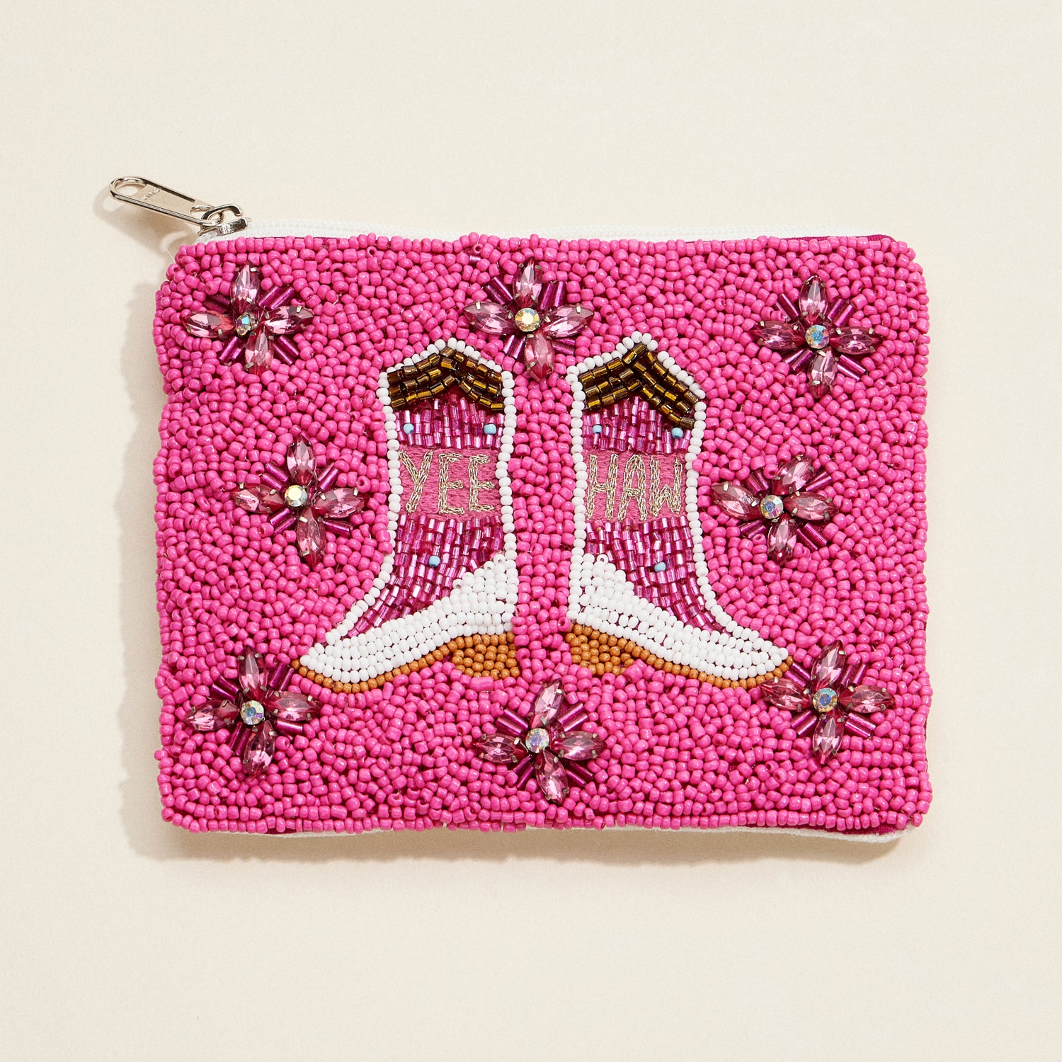 Pink Western Boot Beaded Pouch – "Yee Haw" Glam Zip Clutch