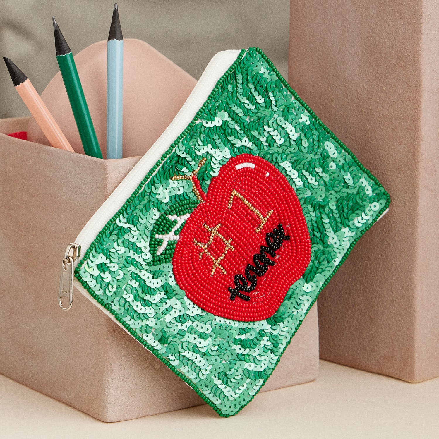 Beaded "#1 Teacher" Apple Zip Pouch – Sequin Gift for Educators