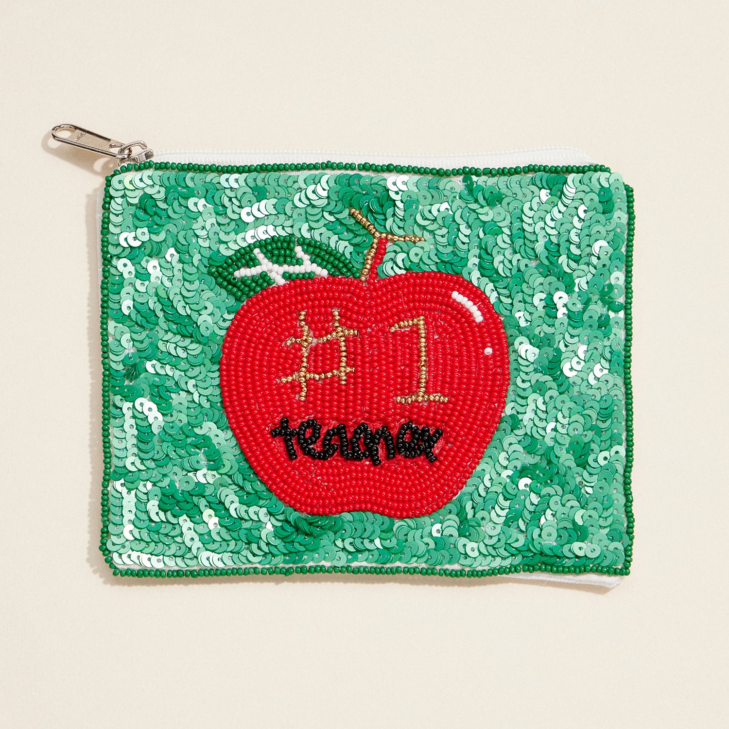 Beaded “Top Educator” Apple Zip Pouch – Elegant Sequin Gift for Teachers