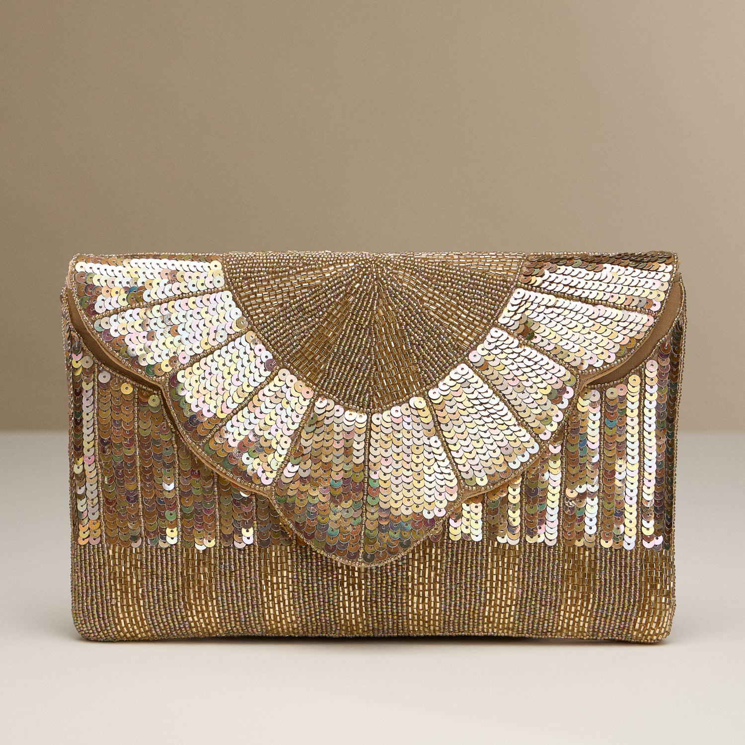 Gold Sequin Evening Clutch – Beaded Fringe with Chain Strap