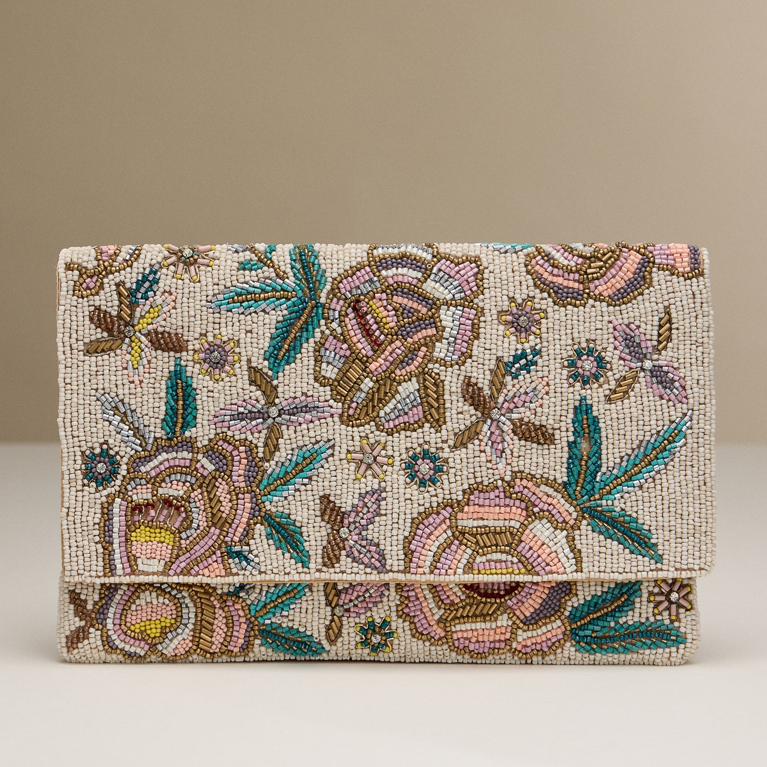 Embroidered Floral Beaded Clutch | Chain Strap Detail