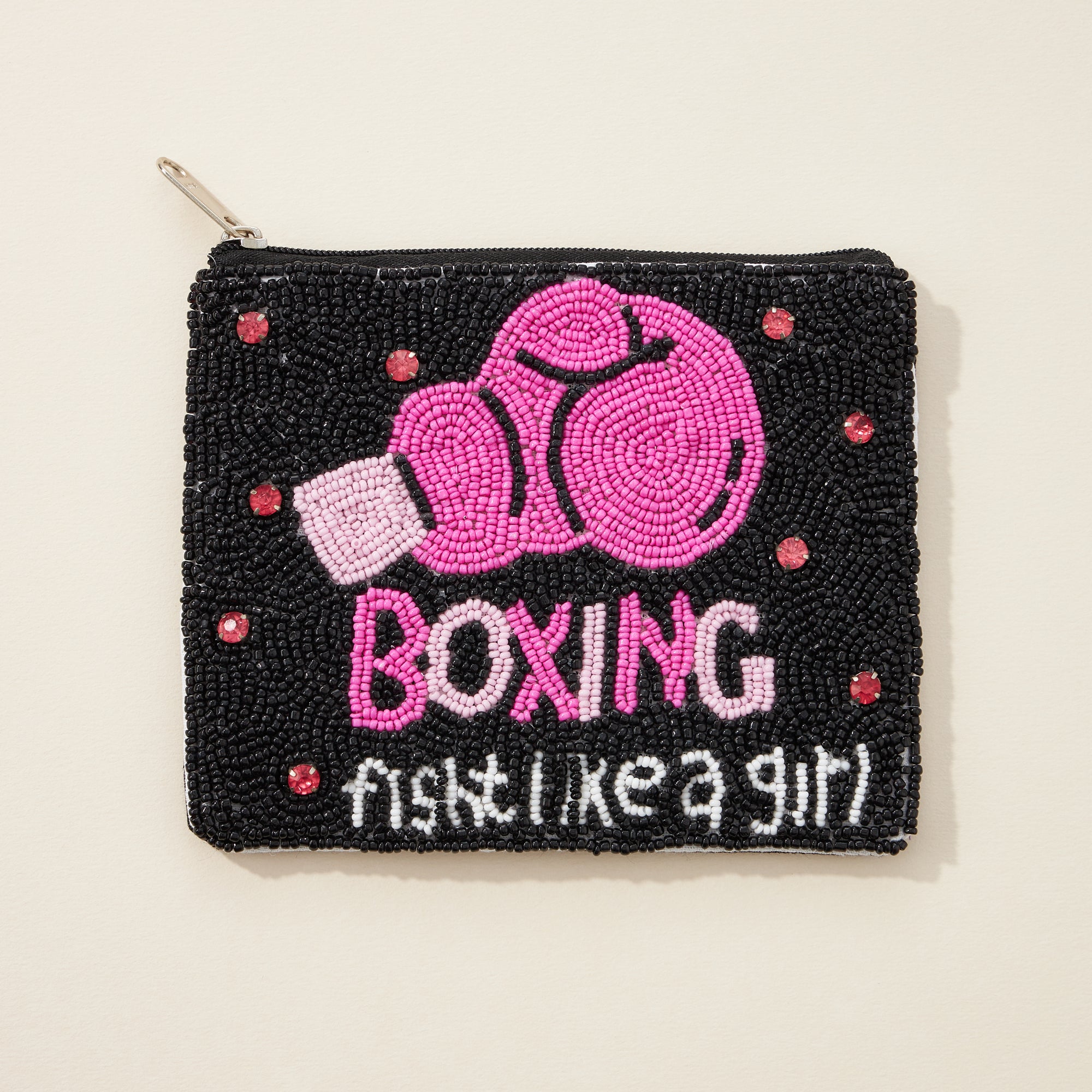 BOXING Pink Ribbon Seed Bead Canvas Pouch