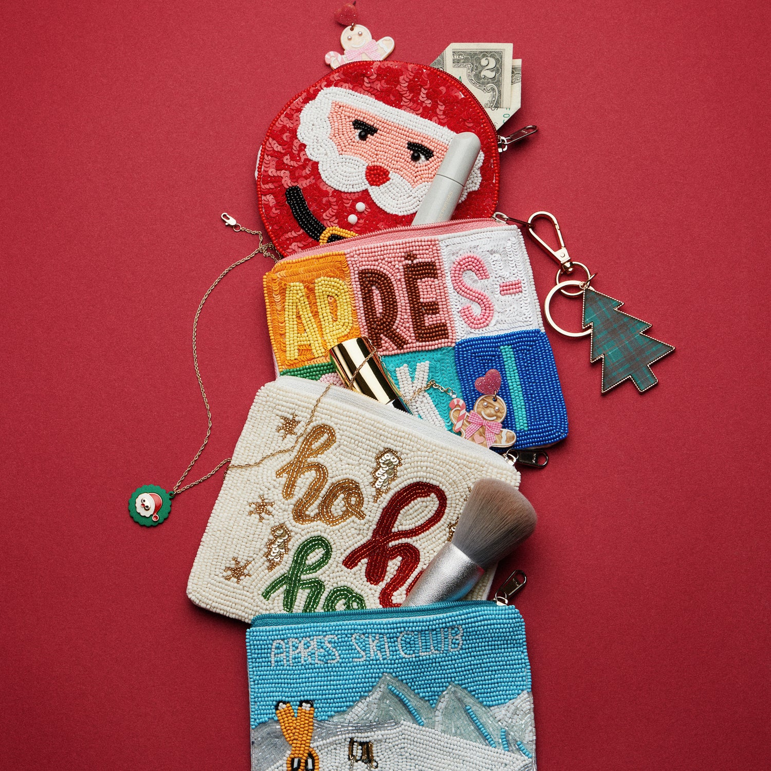 Seed Beaded Santa Face Round Coin Pouch | Christmas Holiday Zip Case