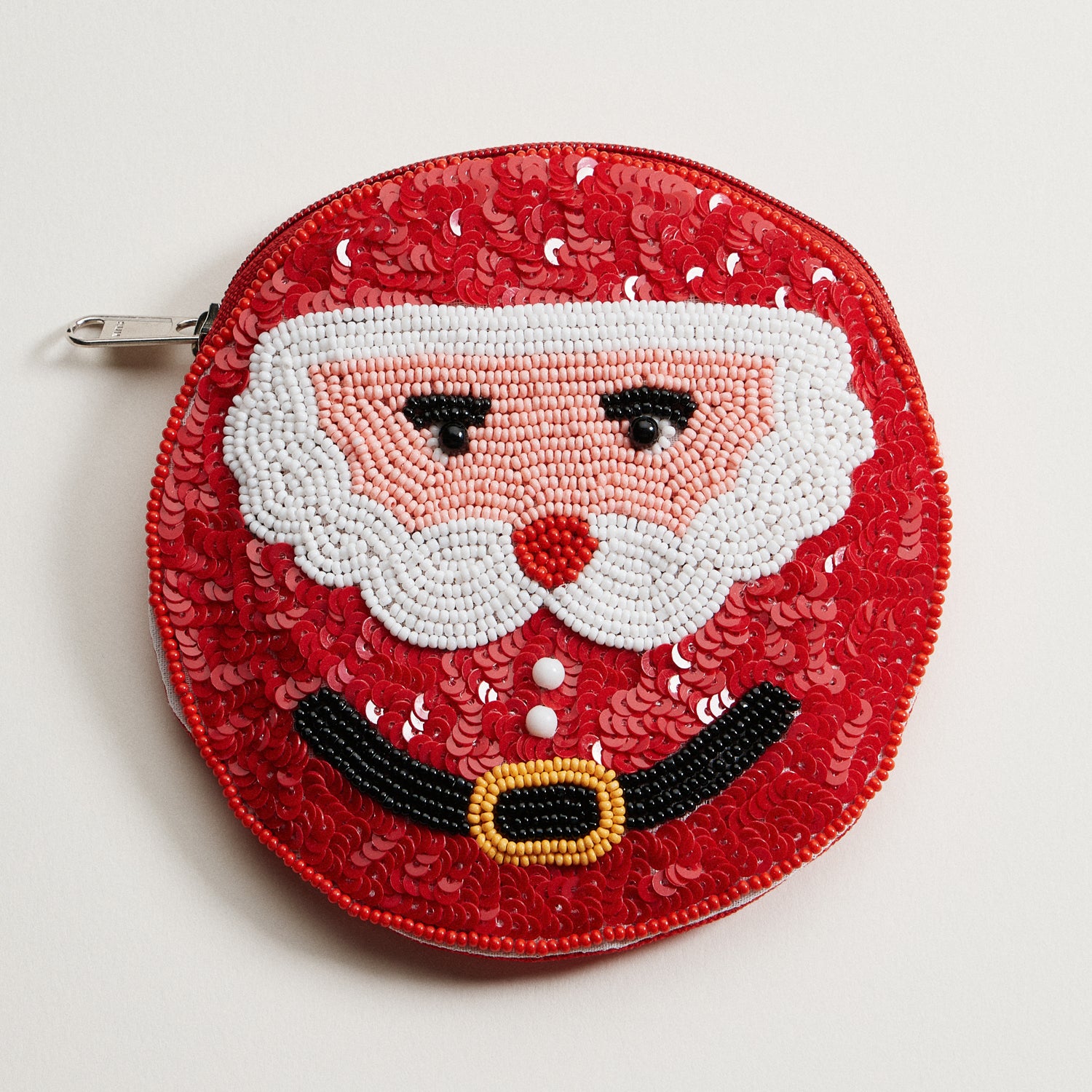 Seed Beaded Santa Face Round Coin Pouch | Christmas Holiday Zip Case