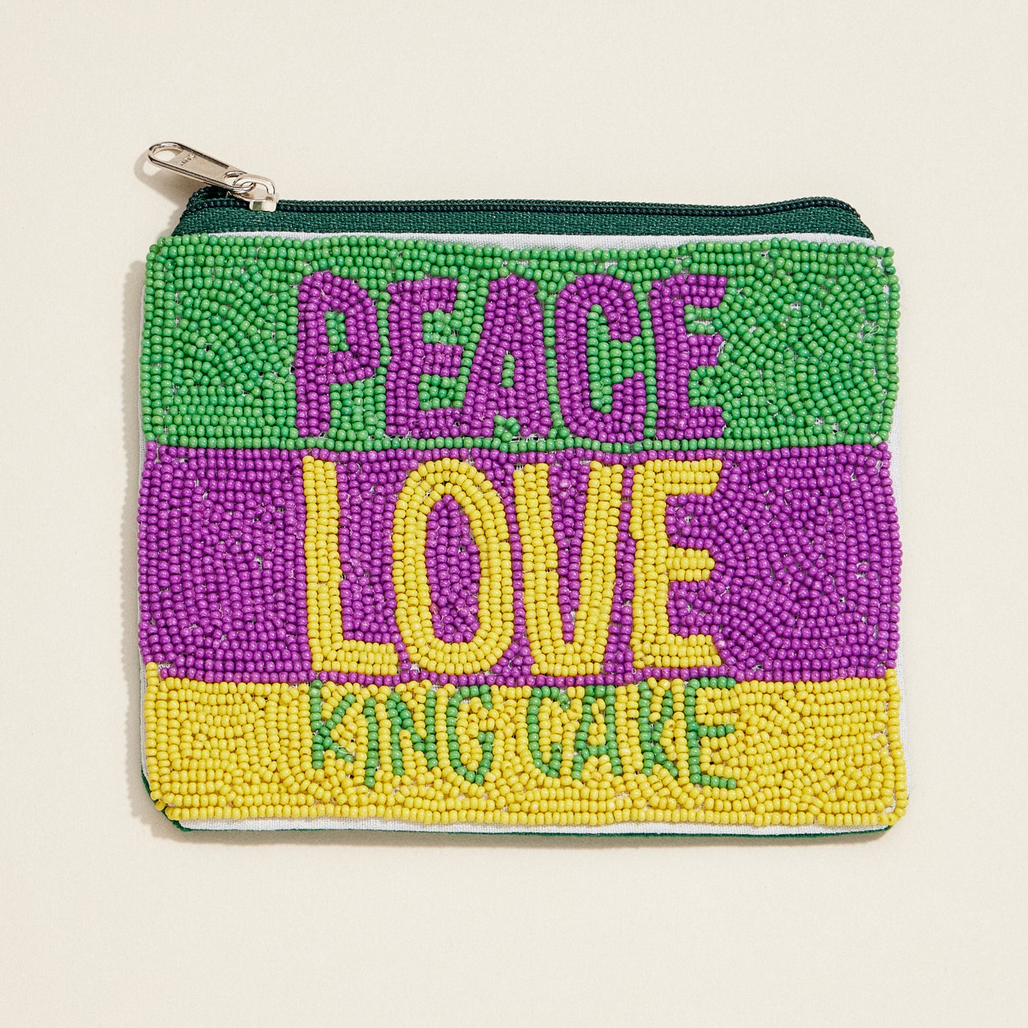 Beaded Mardi Gras Zip Pouch – "Peace, Love, King Cake" Clutch