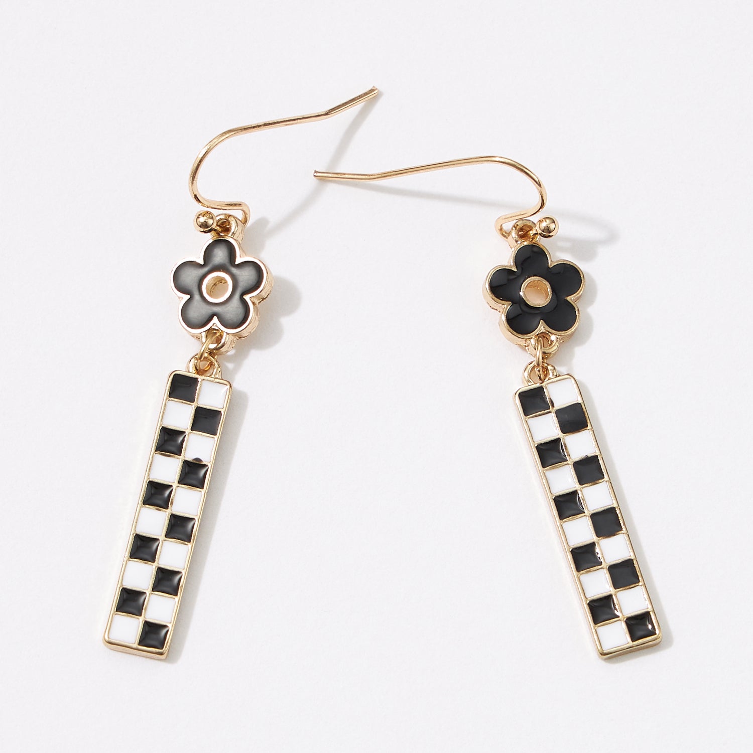 Enamel Checkerboard Flower Dangle Earrings