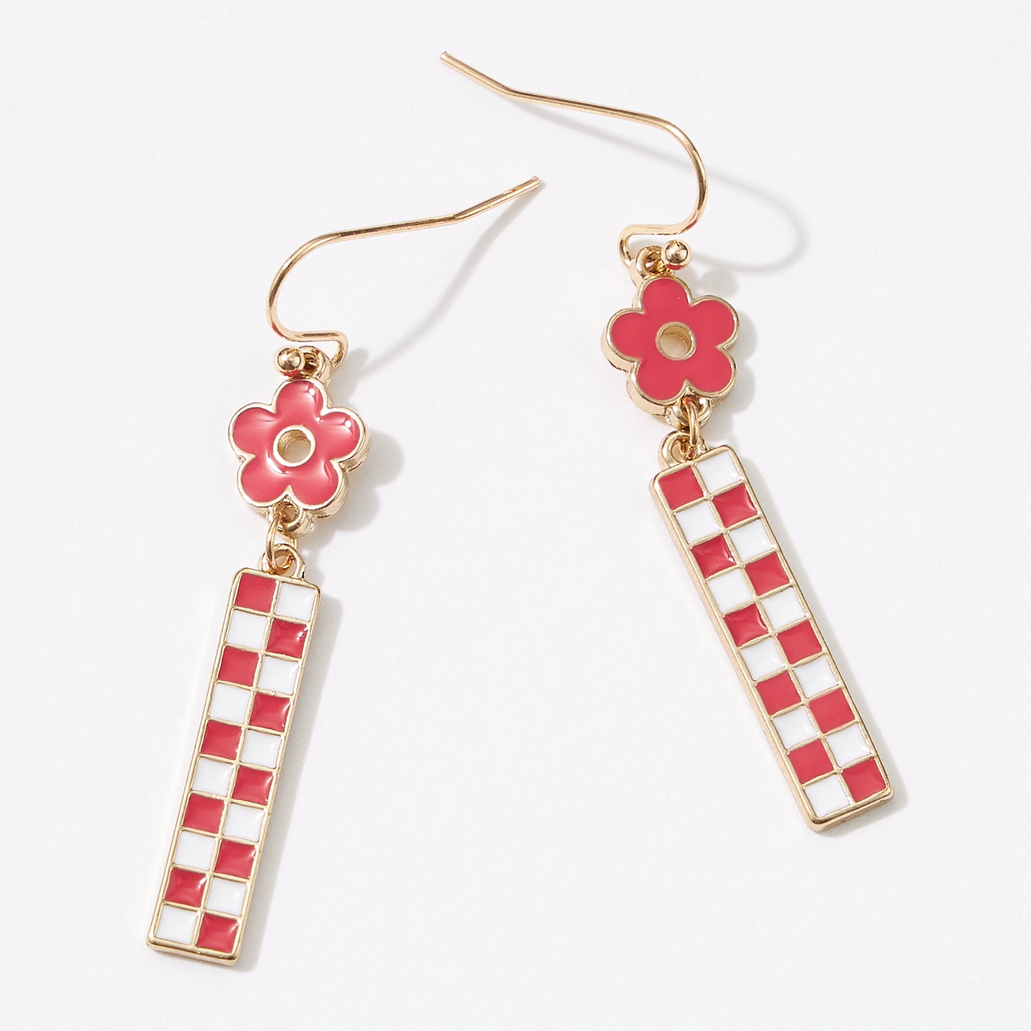 Enamel Checkerboard Flower Dangle Earrings