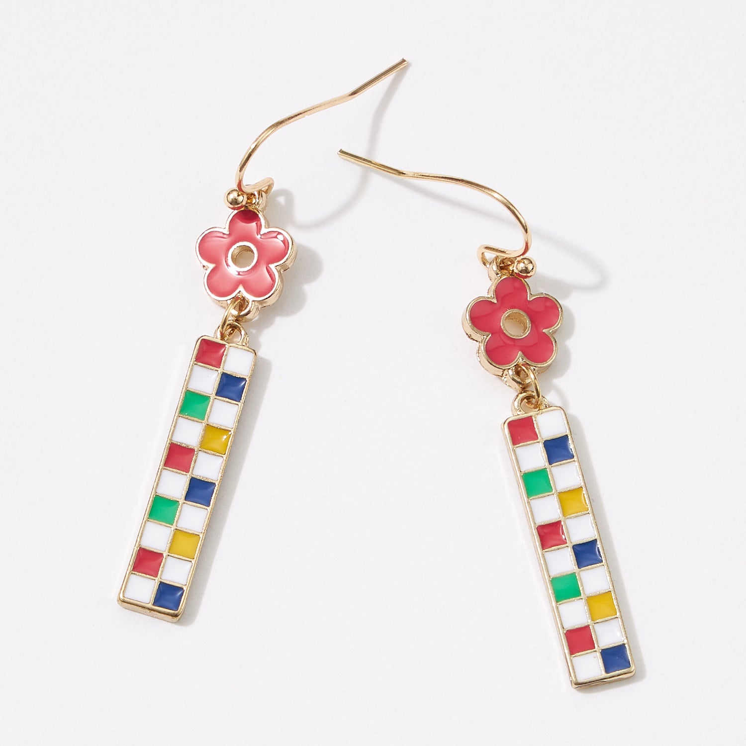 Enamel Checkerboard Flower Dangle Earrings