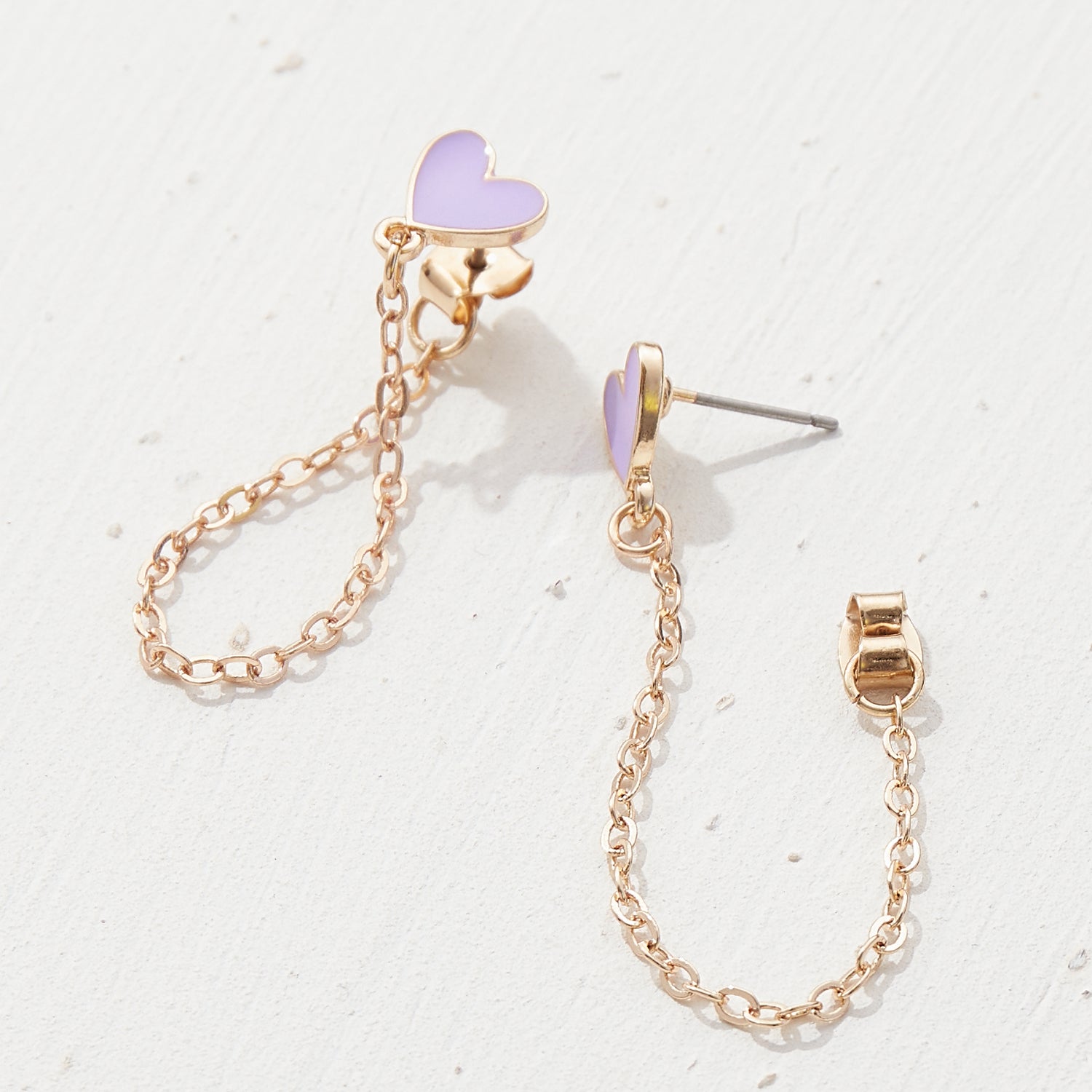 Chic Epoxy Heart Stud Earrings with Chain Strand