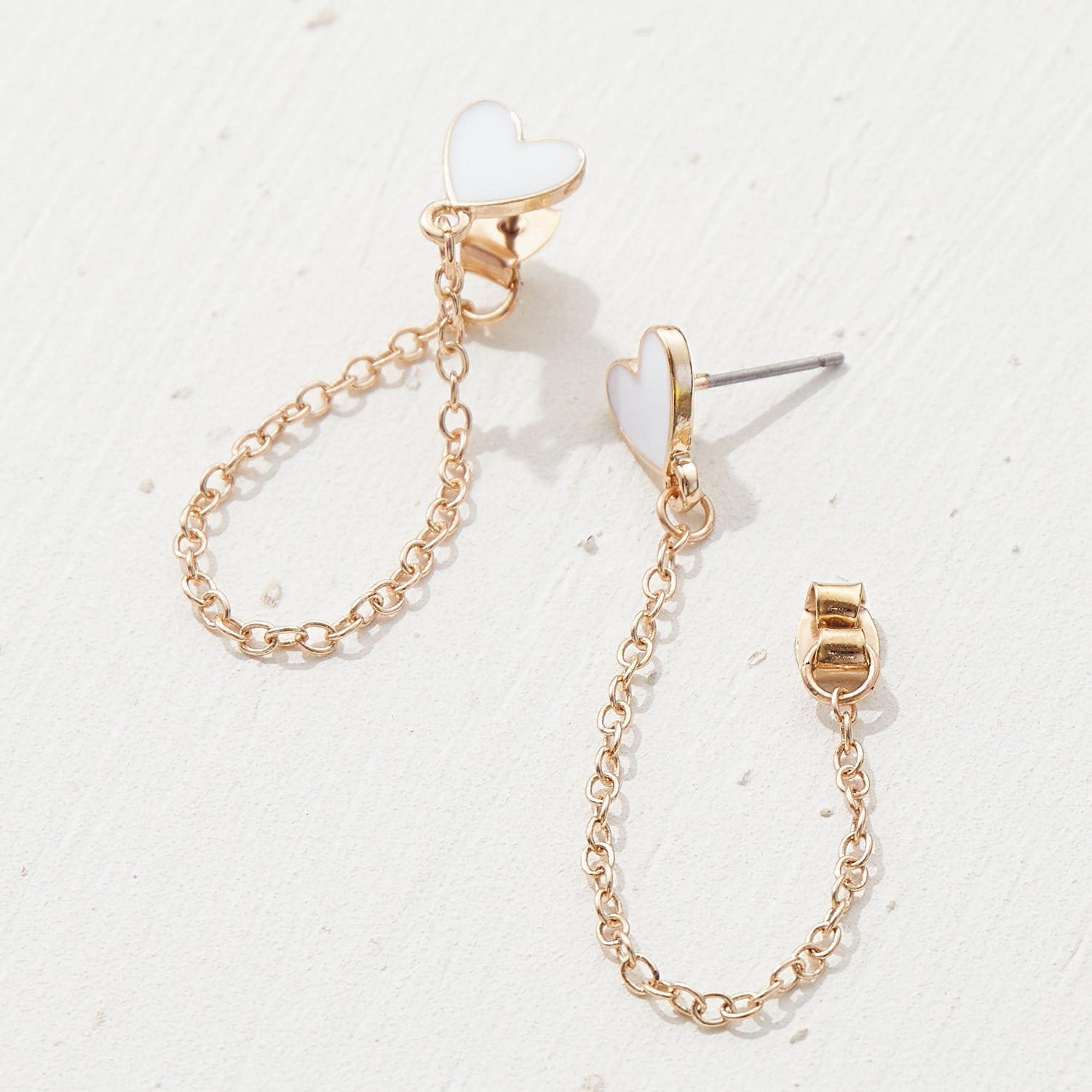 Chic Epoxy Heart Stud Earrings with Chain Strand