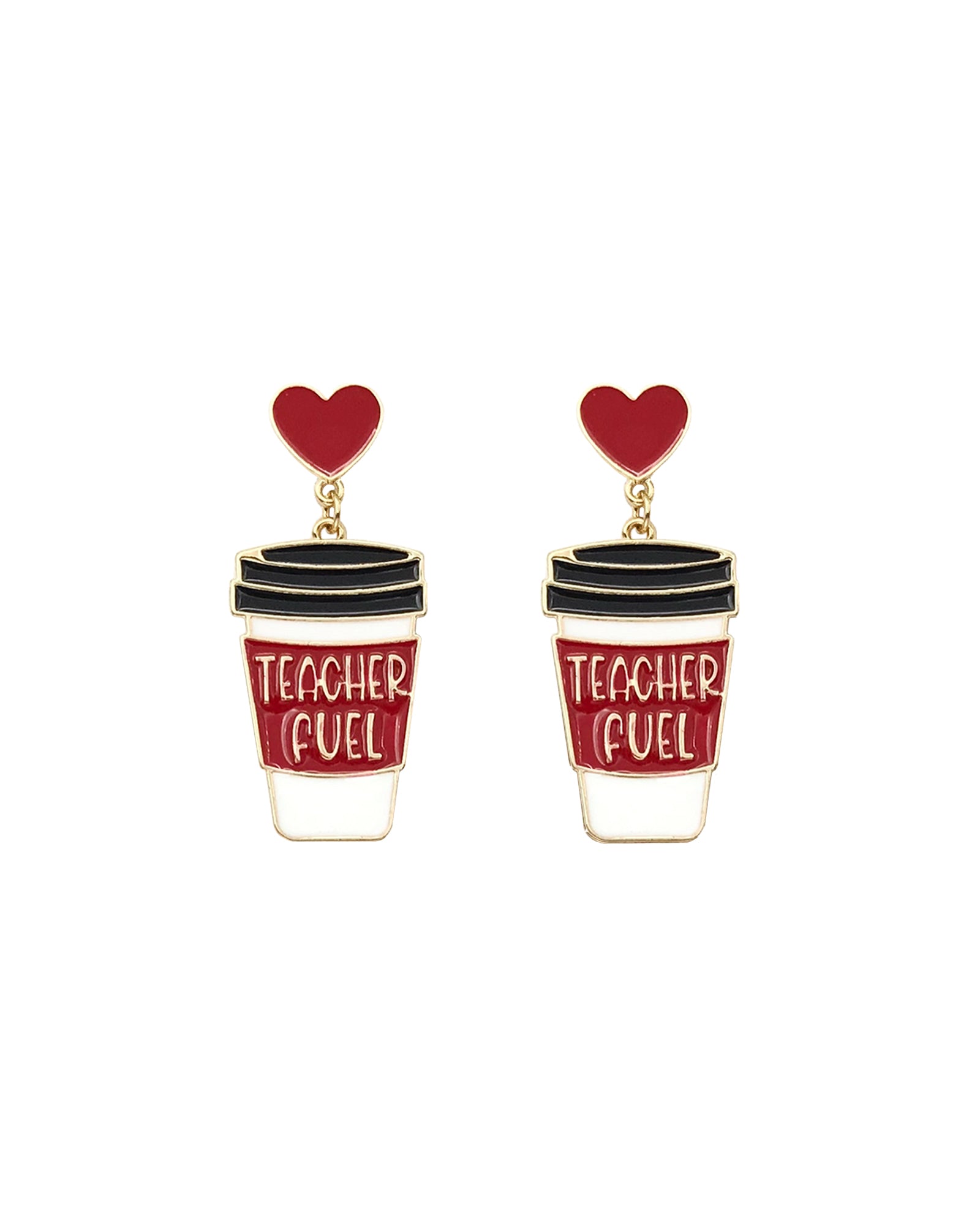 Teacher Fuel Coffee Cup Heart Drop Earrings