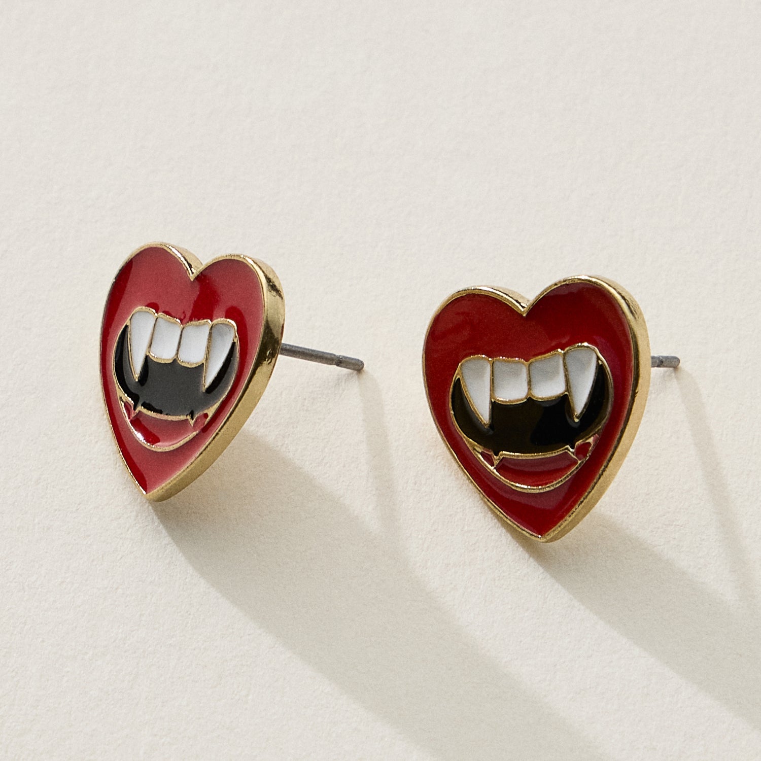 Heart Stud Earrings with Vampire Fangs