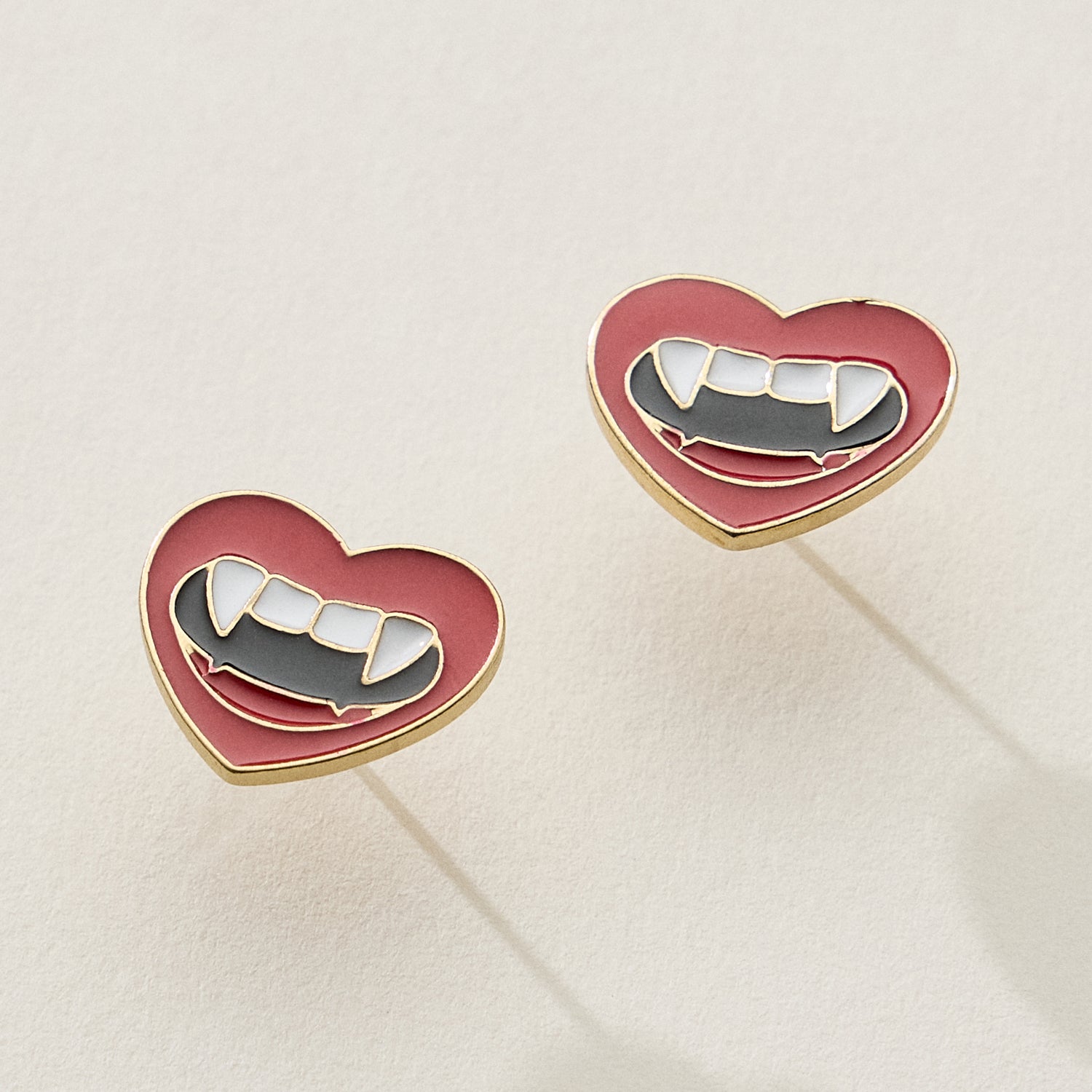 Heart Stud Earrings with Vampire Fangs