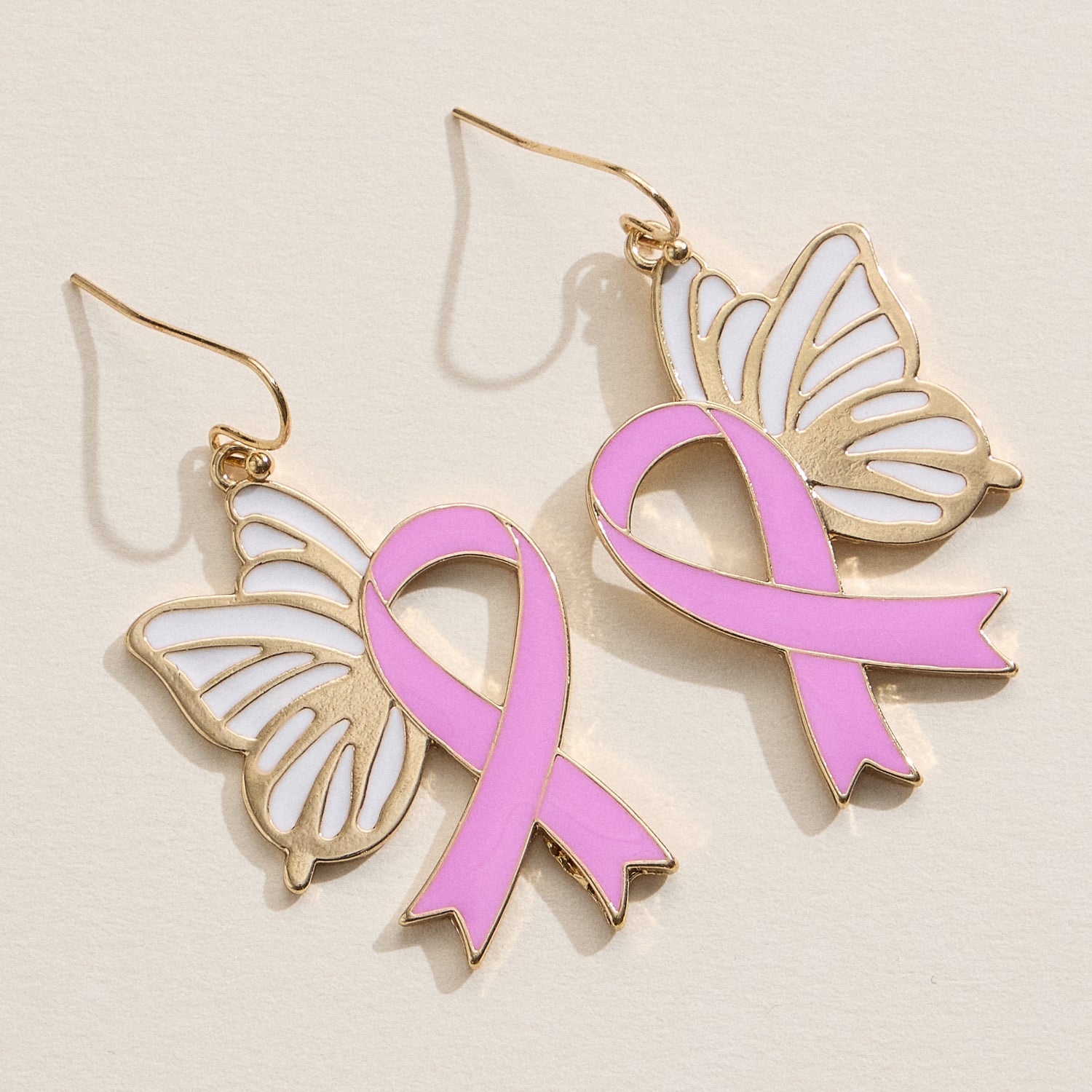 Pink Ribbon Butterfly Enamel Earrings