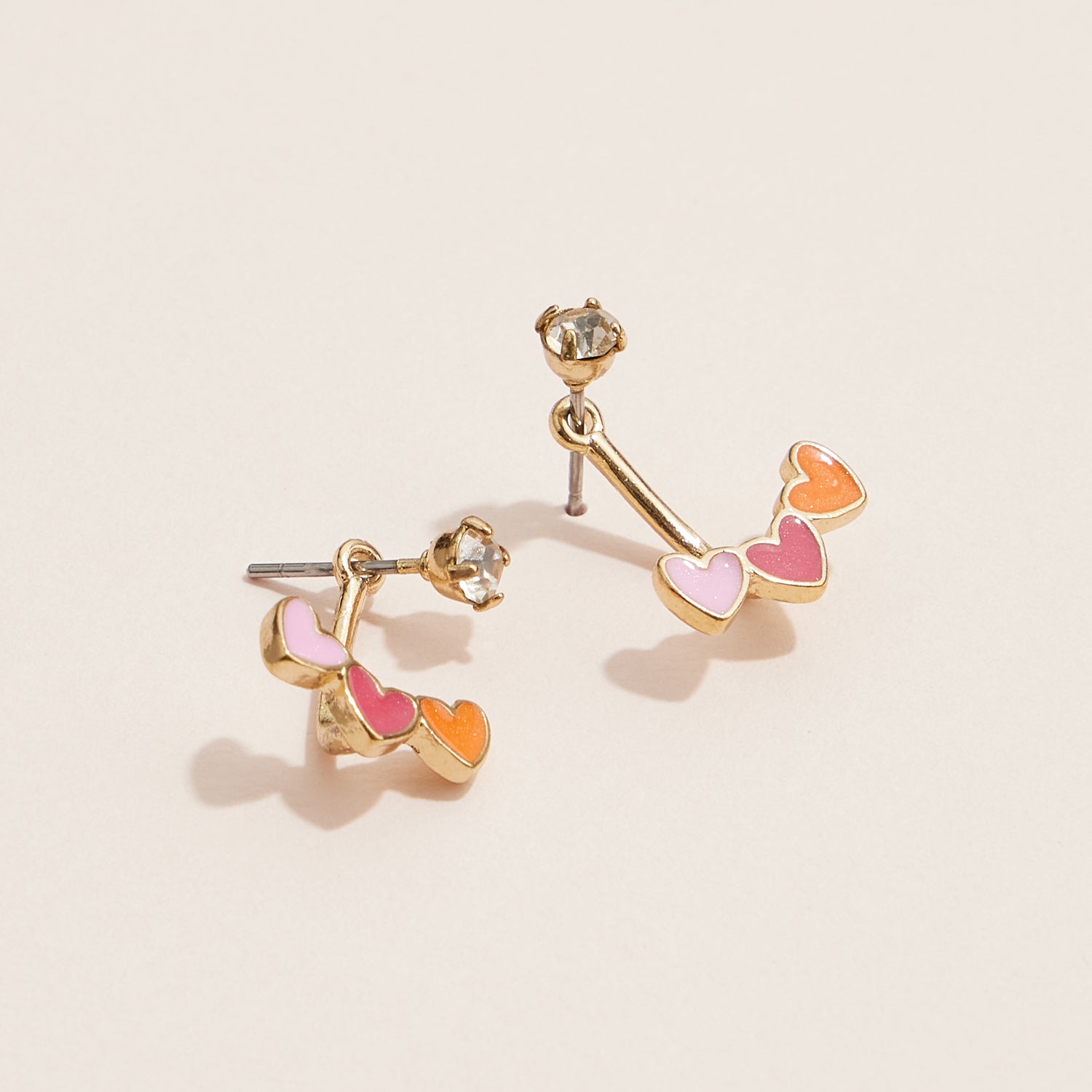 Colorful Heart Ear Jacket Enamel  Earrings – Gold-Tone, Pink & Orange Enamel, Crystal Studs