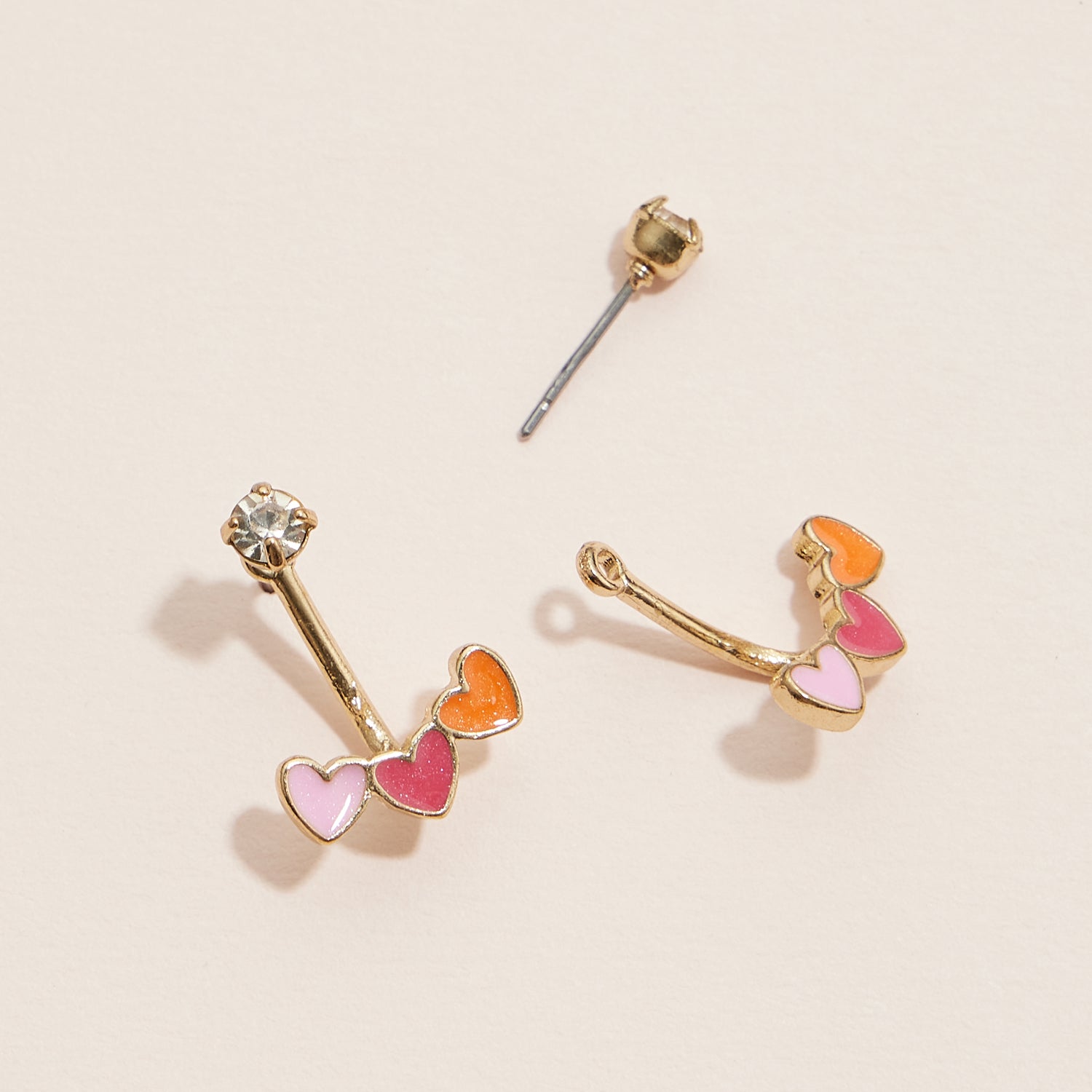 Colorful Heart Ear Jacket Enamel  Earrings – Gold-Tone, Pink & Orange Enamel, Crystal Studs
