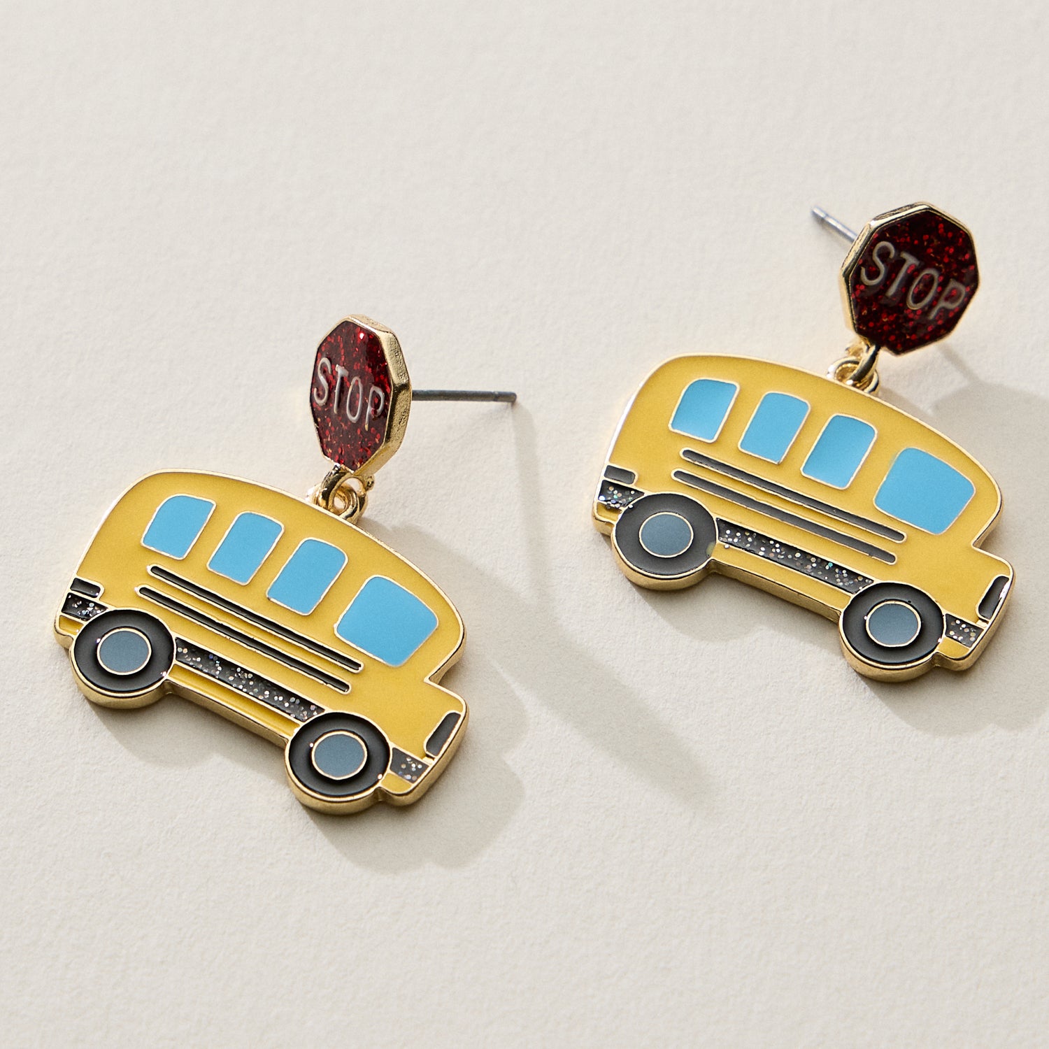Enamel School Bus Drop Earrings with Stop Sign Stud