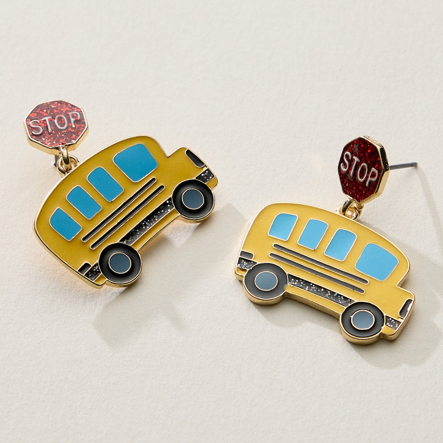 Enamel School Bus Drop Earrings with Stop Sign Stud