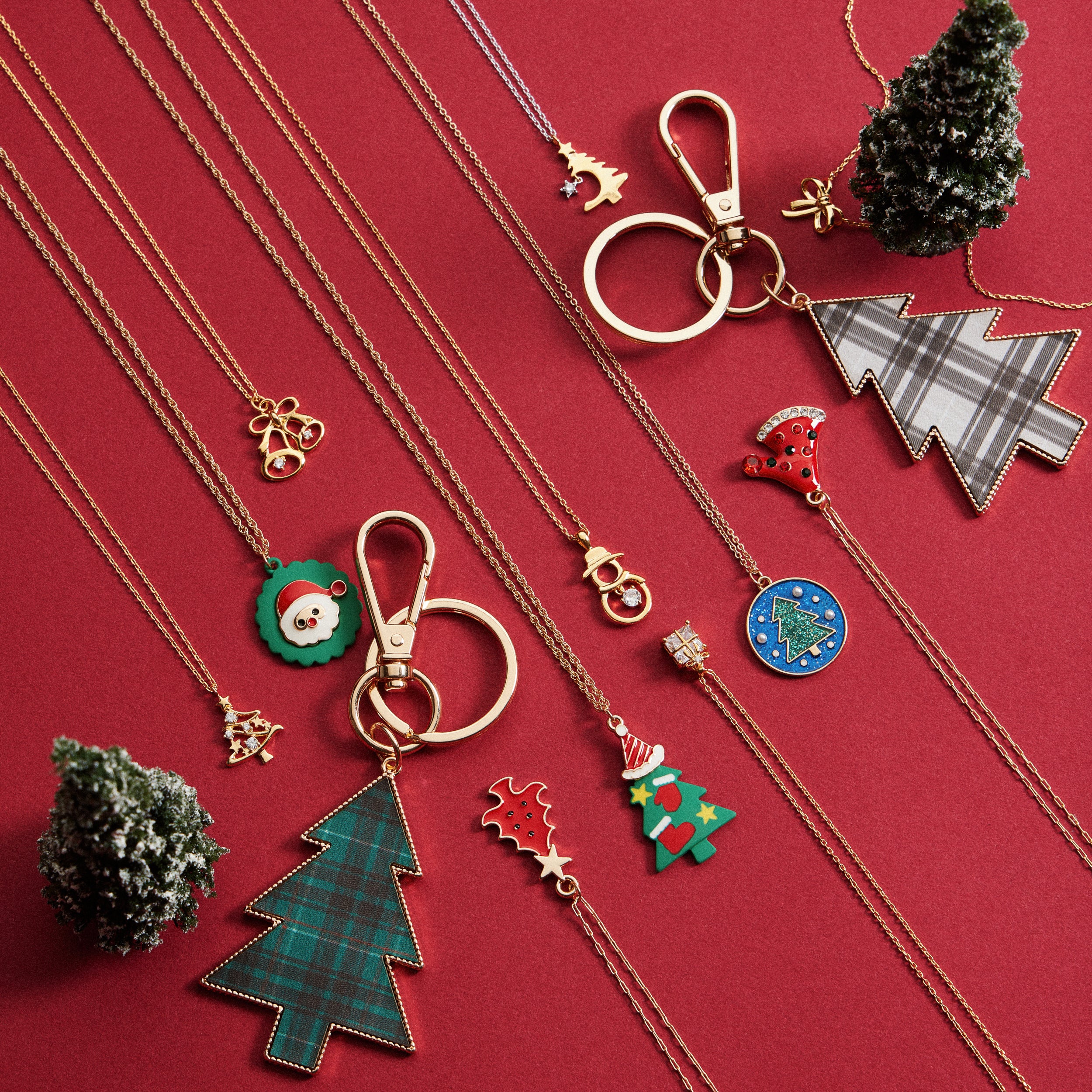 Red Christmas Tree Crystal Pendant Necklace | Gold Dipped Holiday Necklace