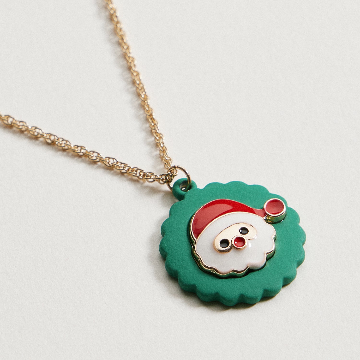 Santa Claus Wreath Necklace Gold Dipped Christmas Holiday Pendant Necklace