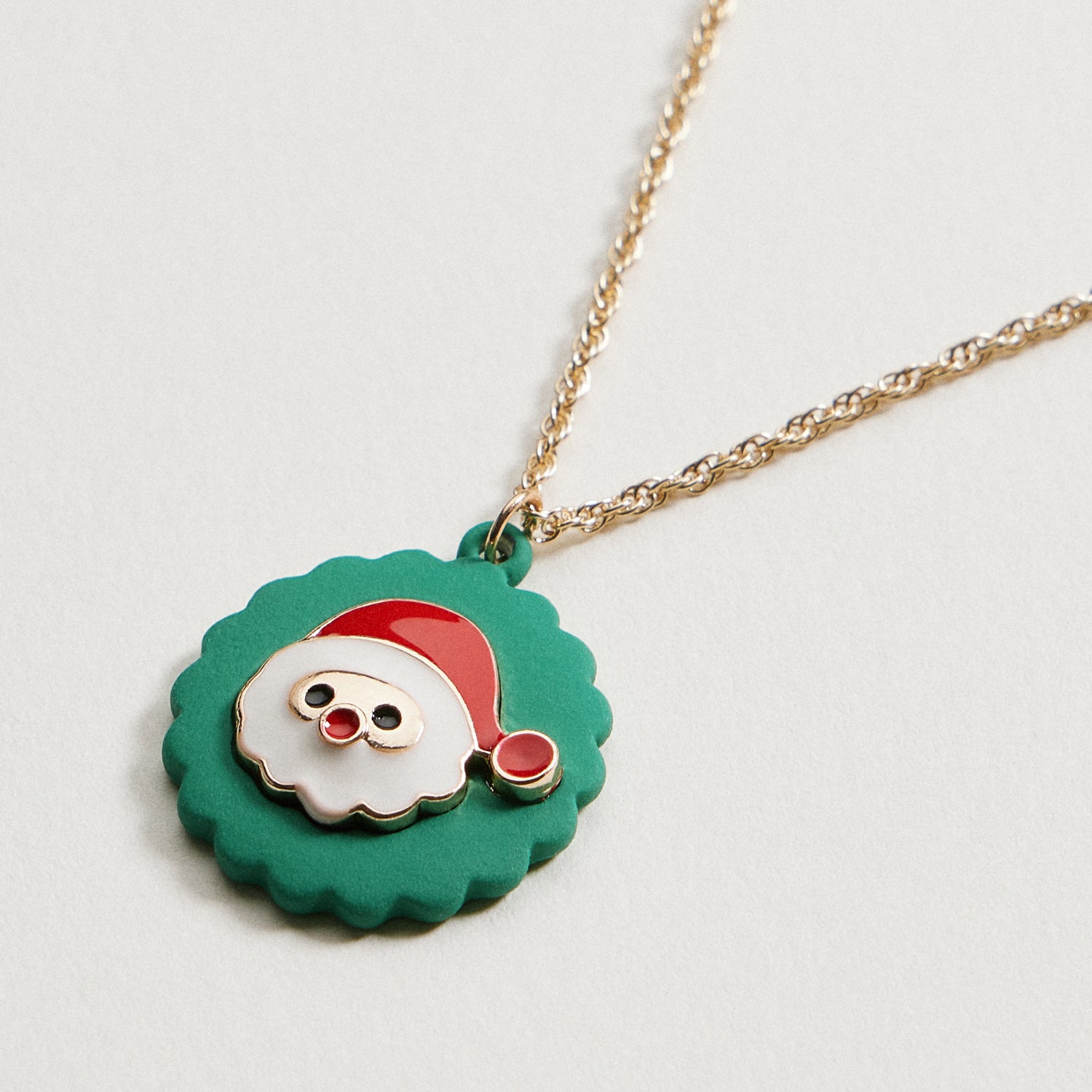 Santa Claus Wreath Necklace Gold Dipped Christmas Holiday Pendant Necklace