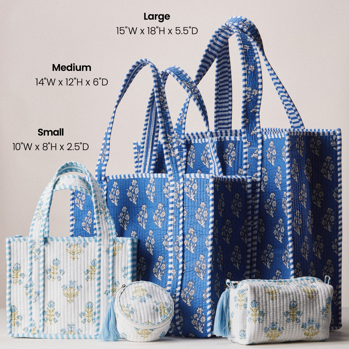 Blue and White Indian Quilted Tote Bag | Medium Handmade Block Print Cotton Bag