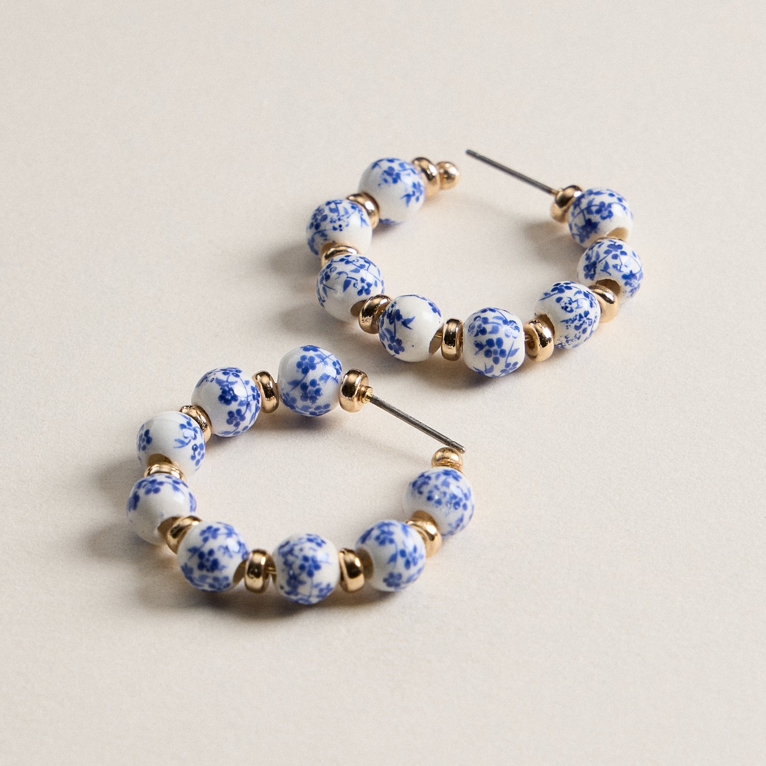 Ceramic Gold and Blue Beaded Hoop Earrings