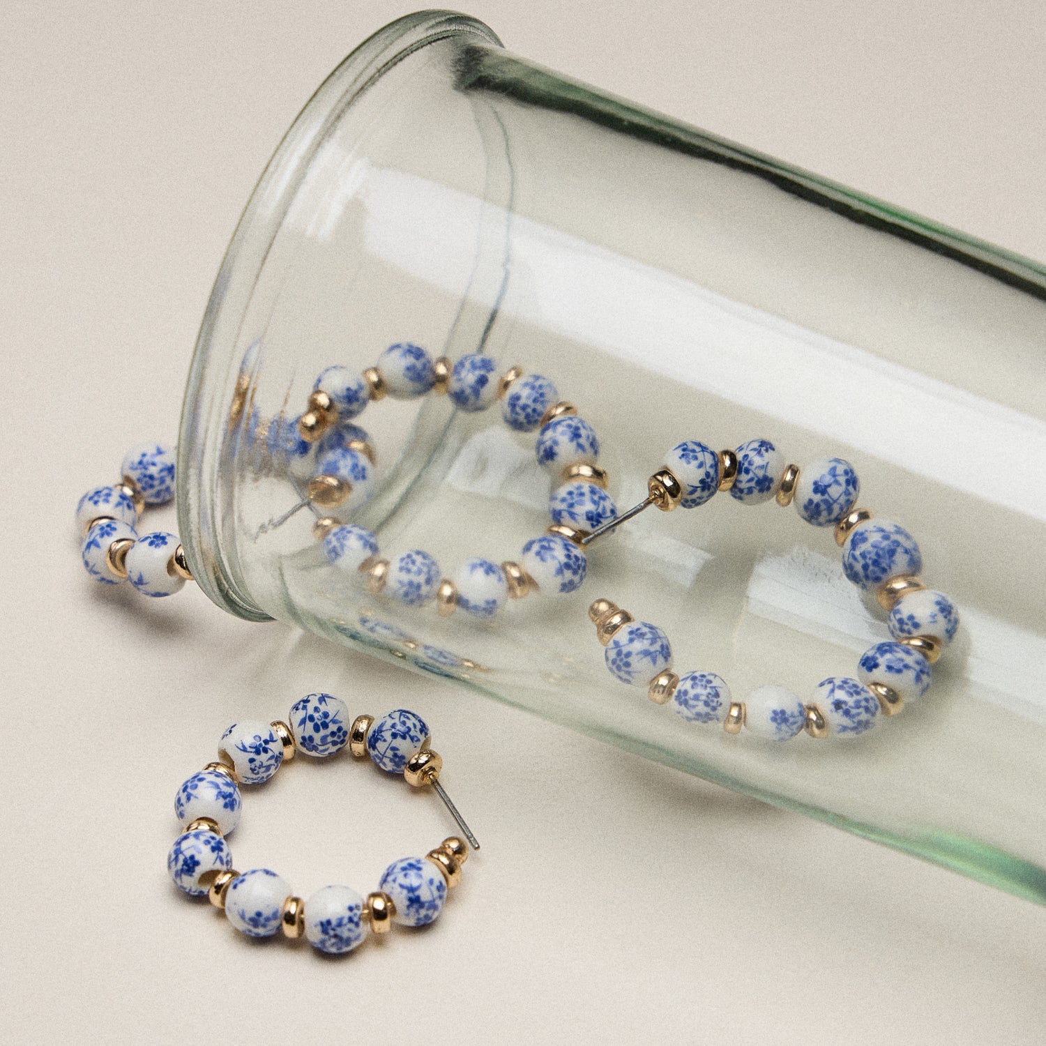 Elegant Blue Floral Ceramic and Gold Hoop Earrings
