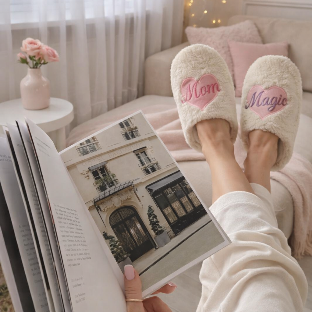 Chic "Mama" Embroidered Fuzzy Slippers – Sizes M & L - Frem