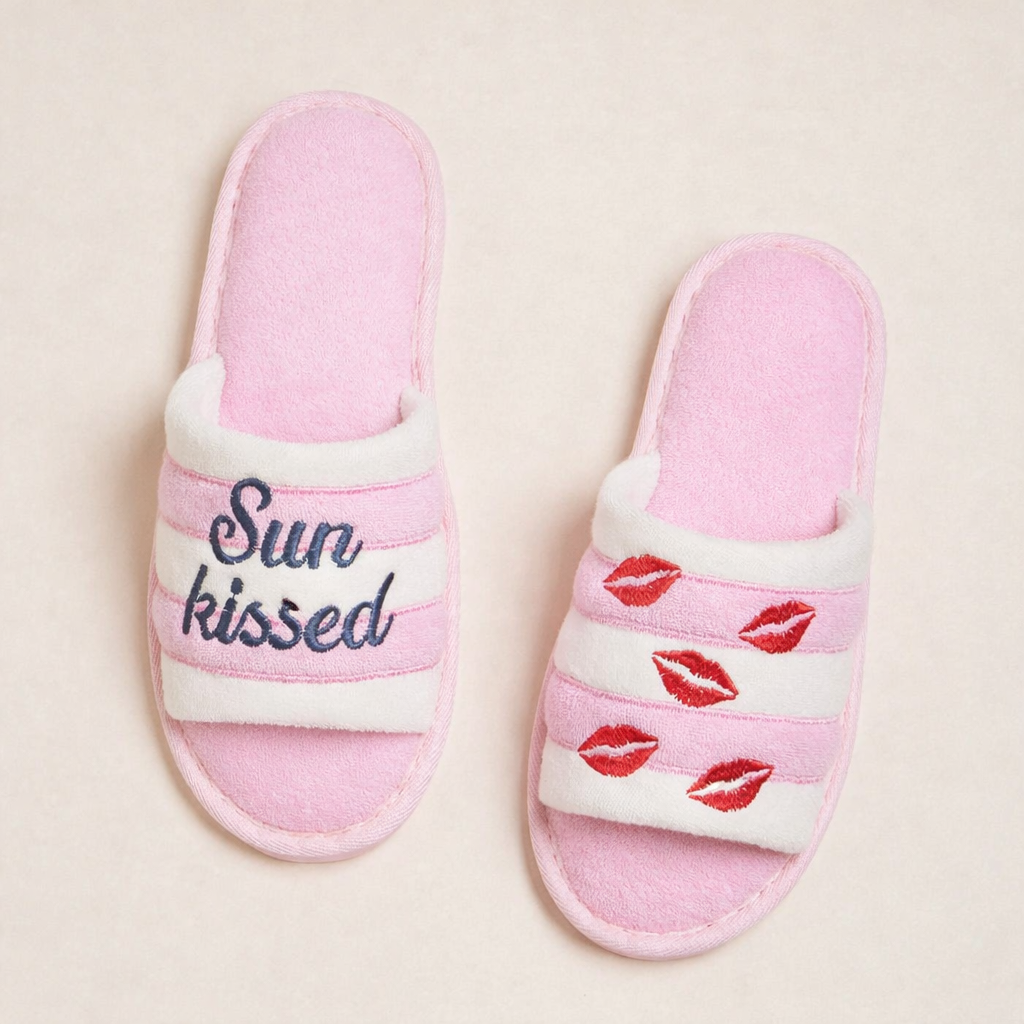 Sun Kissed Embroidered Cozy Pink Slide Slippers - Frem