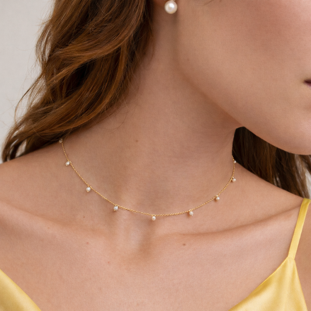 Golden Dew Pearl Dangle Necklace with fresh water pearls | Pearl & Crystal Jewelry
