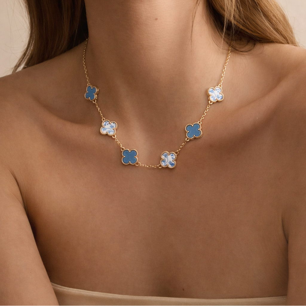 Blue Porcelain Clover Station Necklace | Floral Porcelain Metal Chain Jewelry