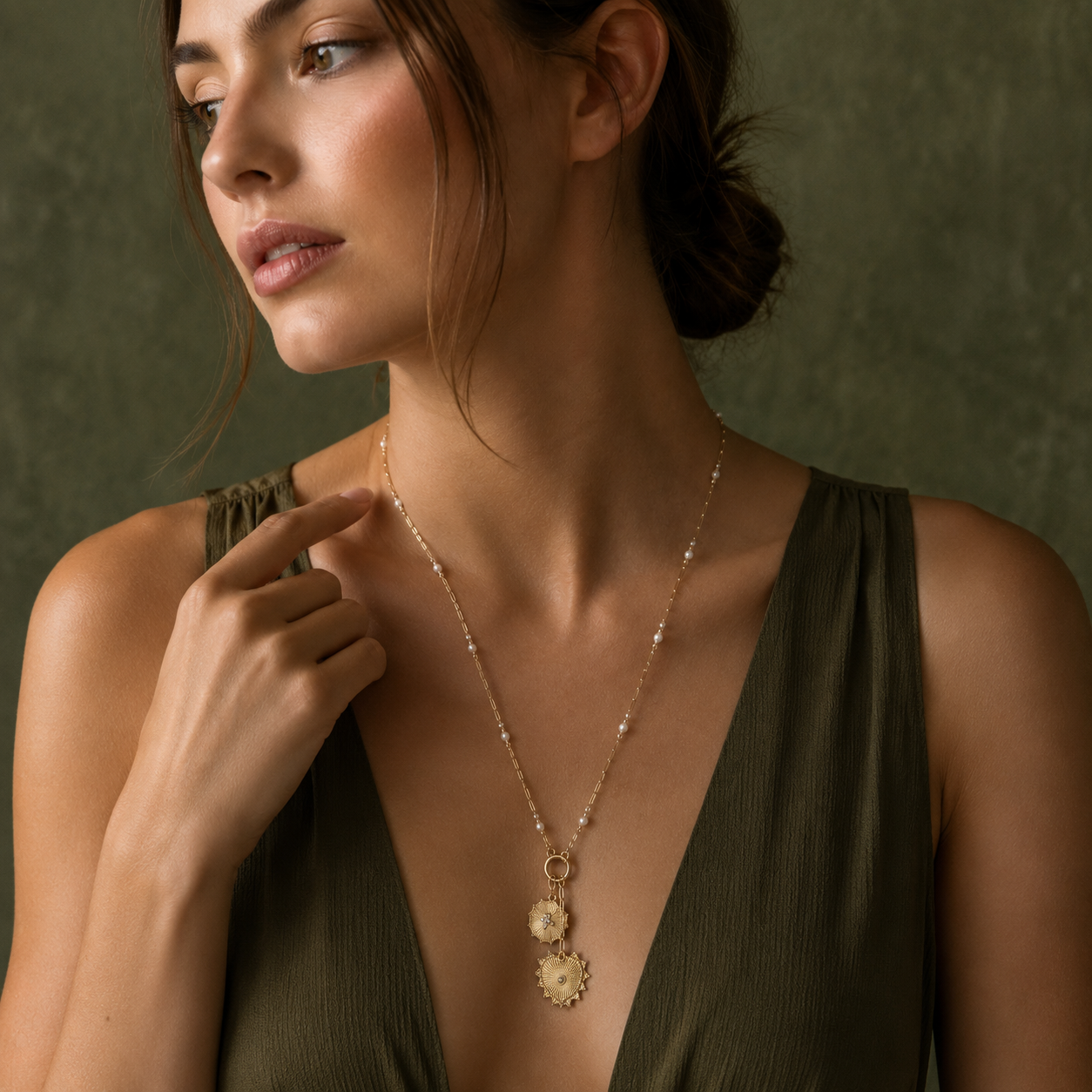 Pearl Chain Double Sun and Heart Charm Necklace | Oversized Layered Necklace