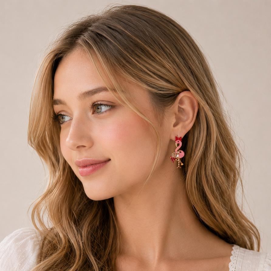 Rhinestone Flamingo Bell Drop Earrings | Tropical Statement Charm