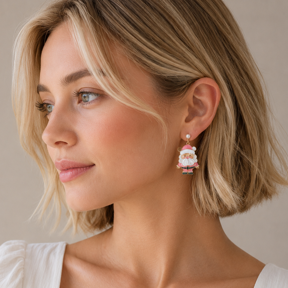 Enamel Pink Santa Claus | Christmas Drop Earrings