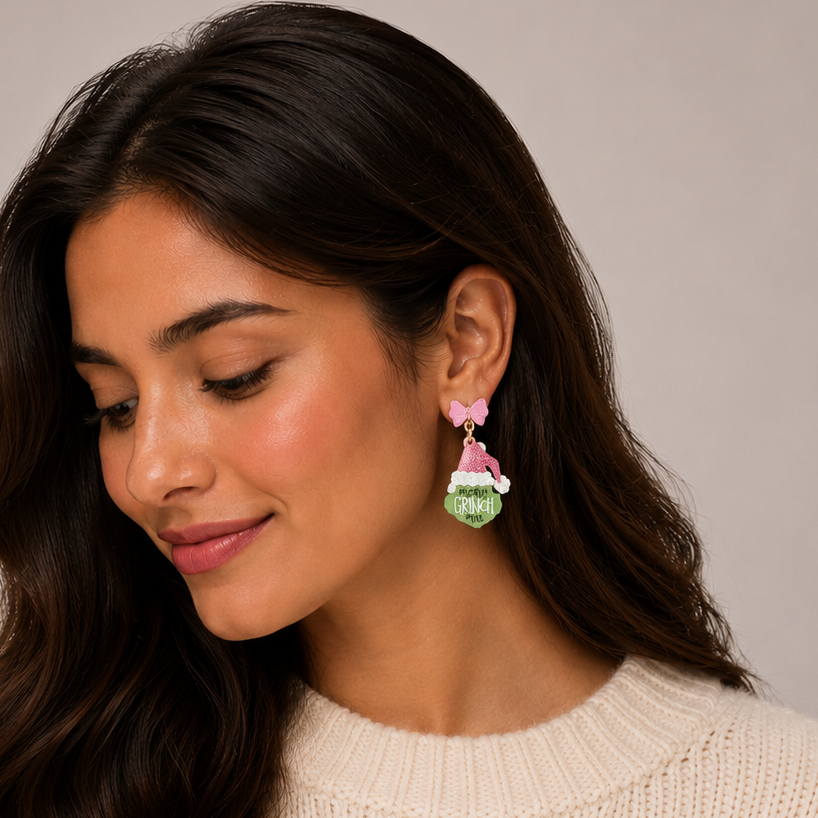 Pink Bow Green Monster Christmas Earrings | Acetate Earrings