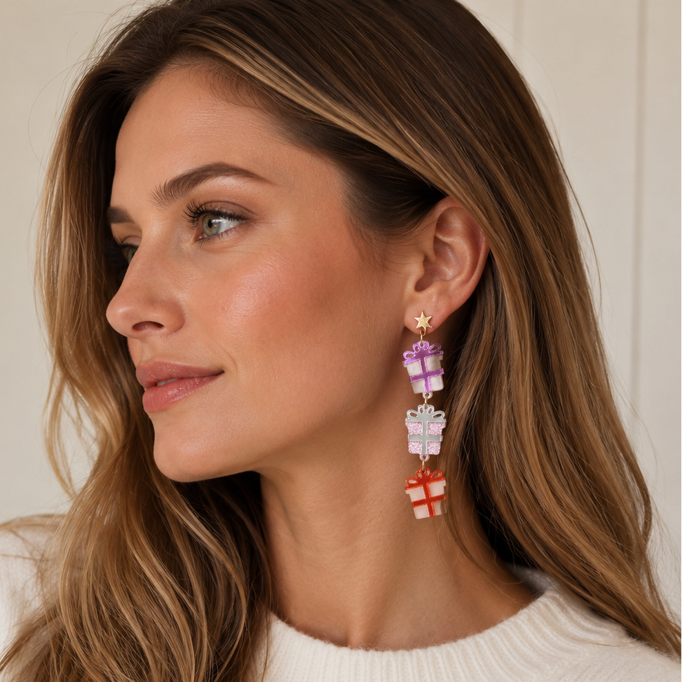 Glitter Gift Box Dangle Earrings | Christmas Present Earrings