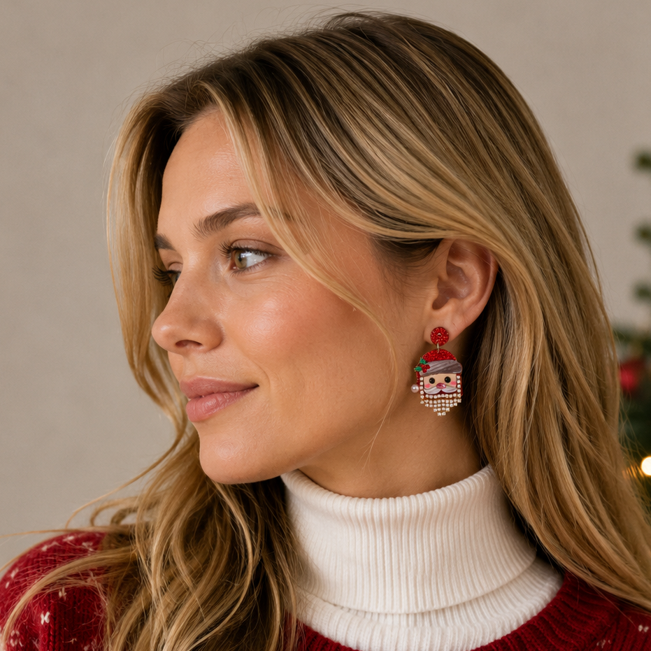 Pearl Bearded Santa Dangle Earrings | Holiday Earrings