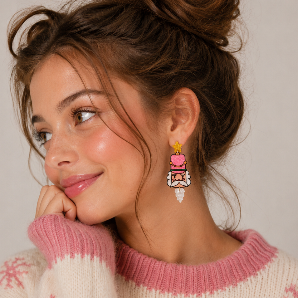 Pink Nutcracker Christmas Earrings | Star Top Holiday Dangles