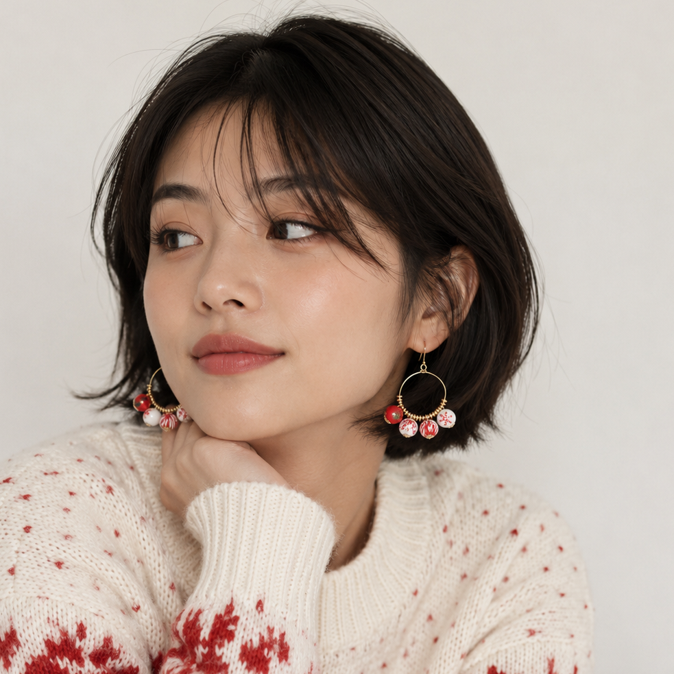Wood Bead Hoop Christmas Earrings | Ornament Drop Earrings