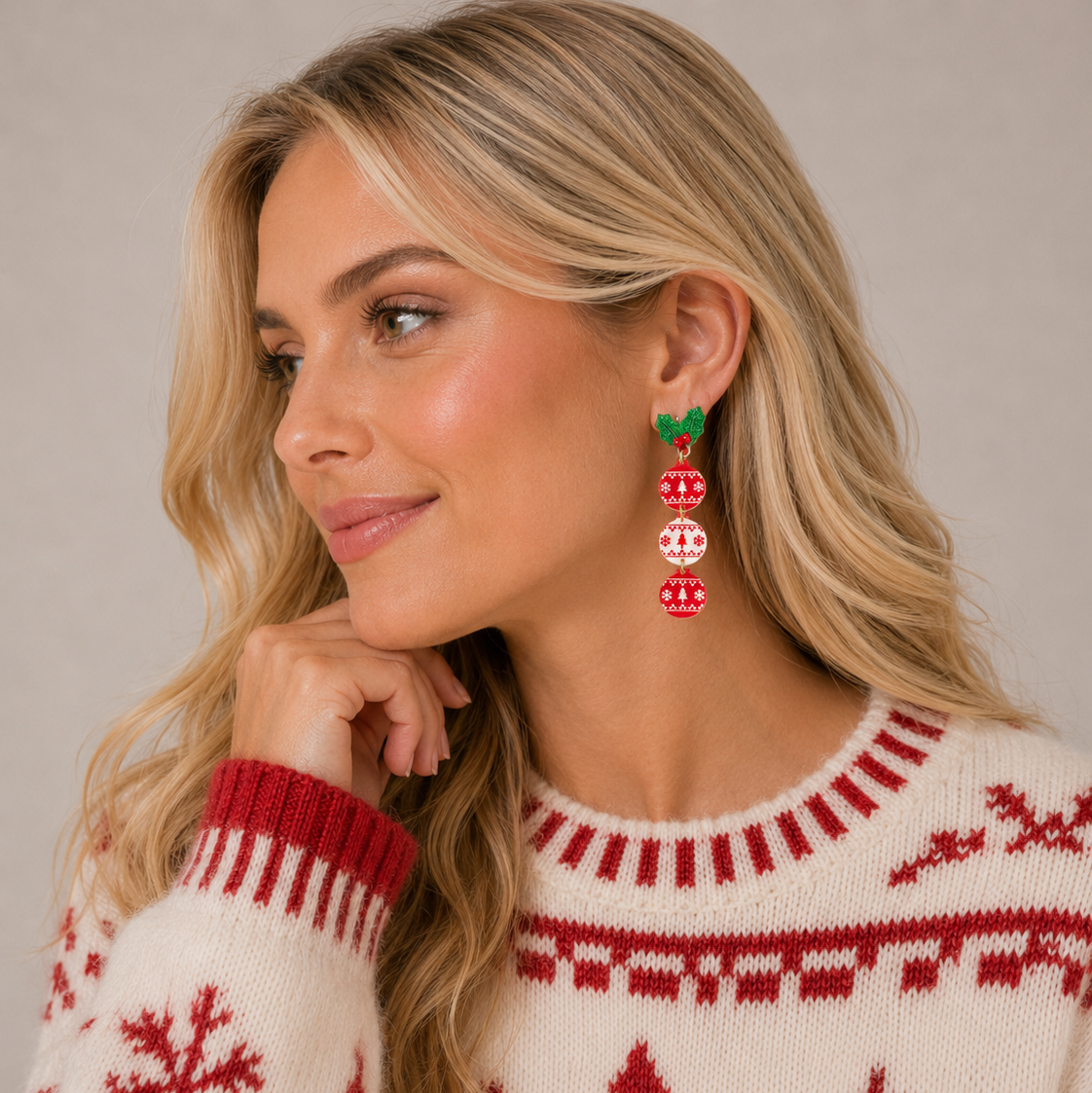 Holly Christmas Ornament Trio Earrings | Holiday Dangle Drops